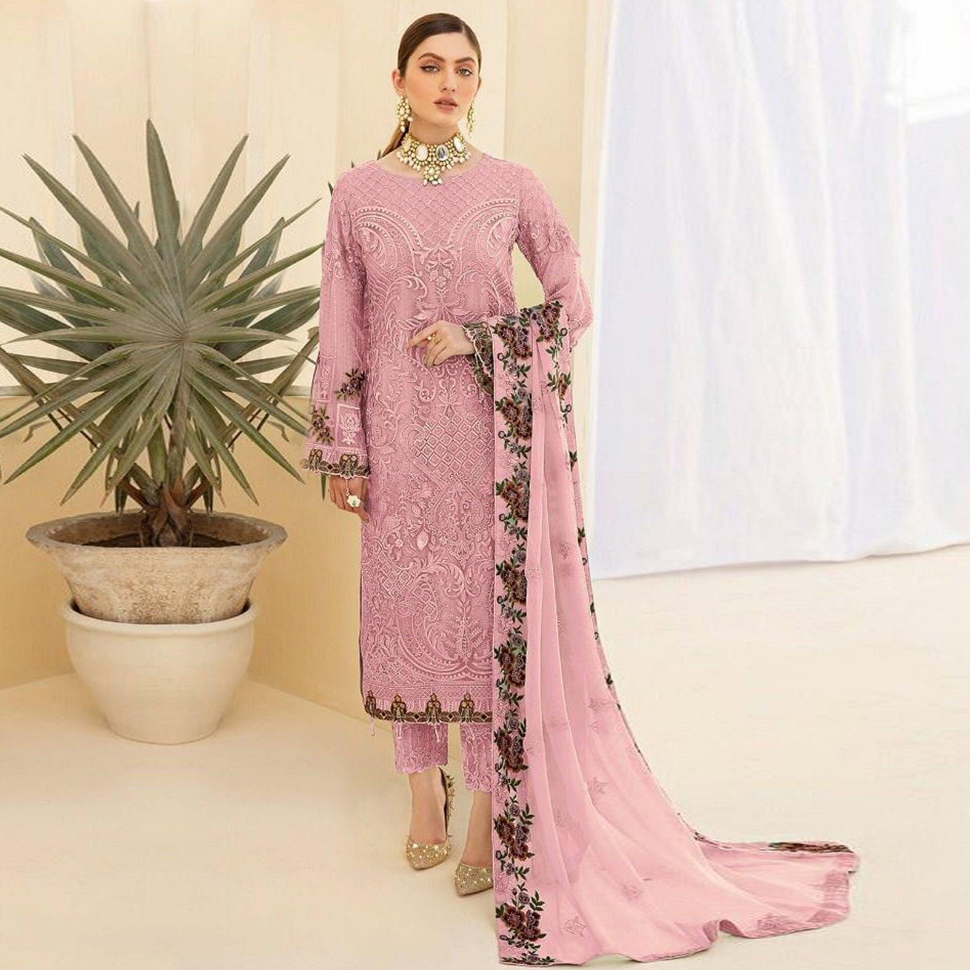 Pink Partywear Embroidered & Embellished Georgette Pakistani Suit - Peachmode
