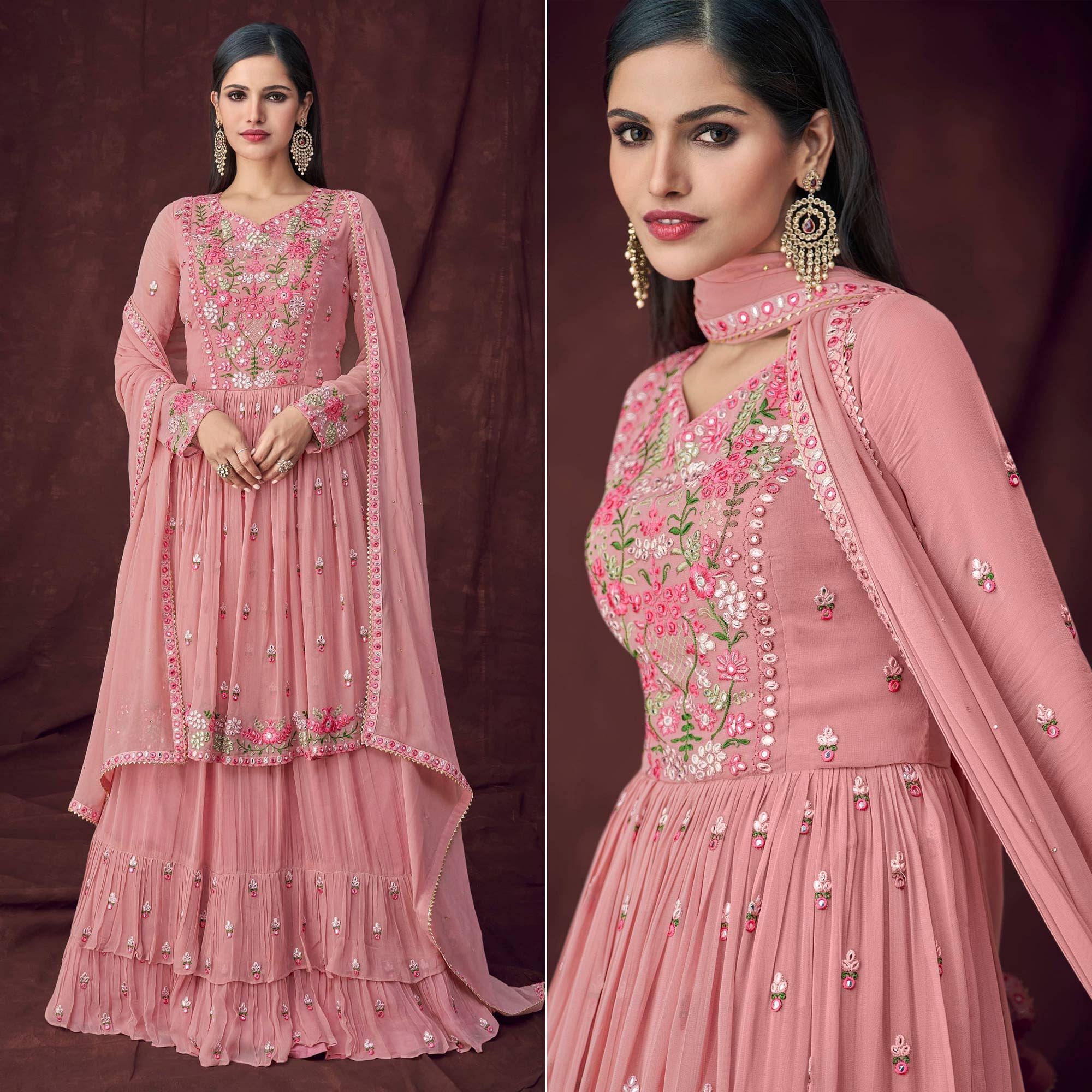 Pink Partywear Embroidered & Embellished Georgette Sharara Suit - Peachmode