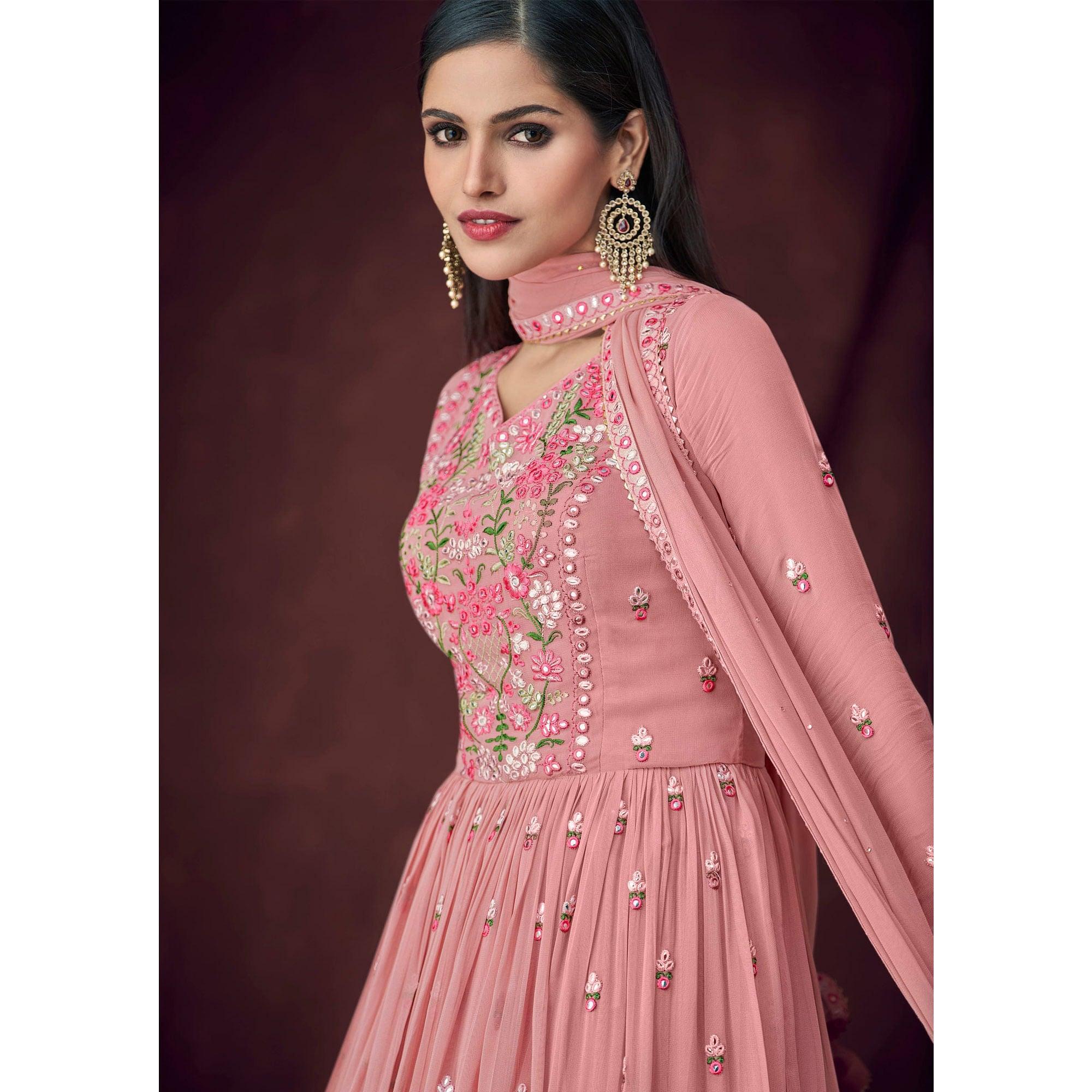 Pink Partywear Embroidered & Embellished Georgette Sharara Suit - Peachmode