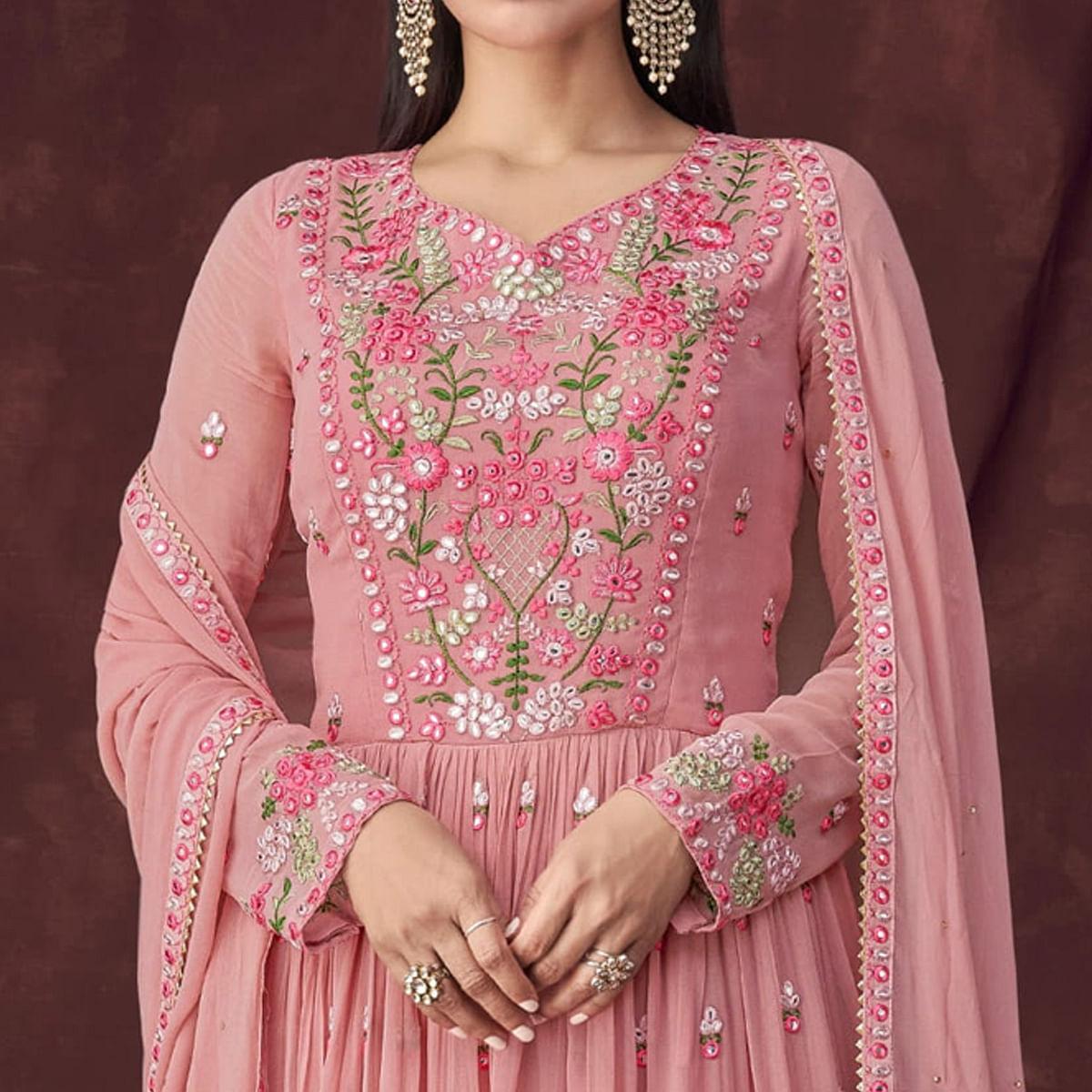 Pink Partywear Embroidered & Embellished Georgette Sharara Suit - Peachmode