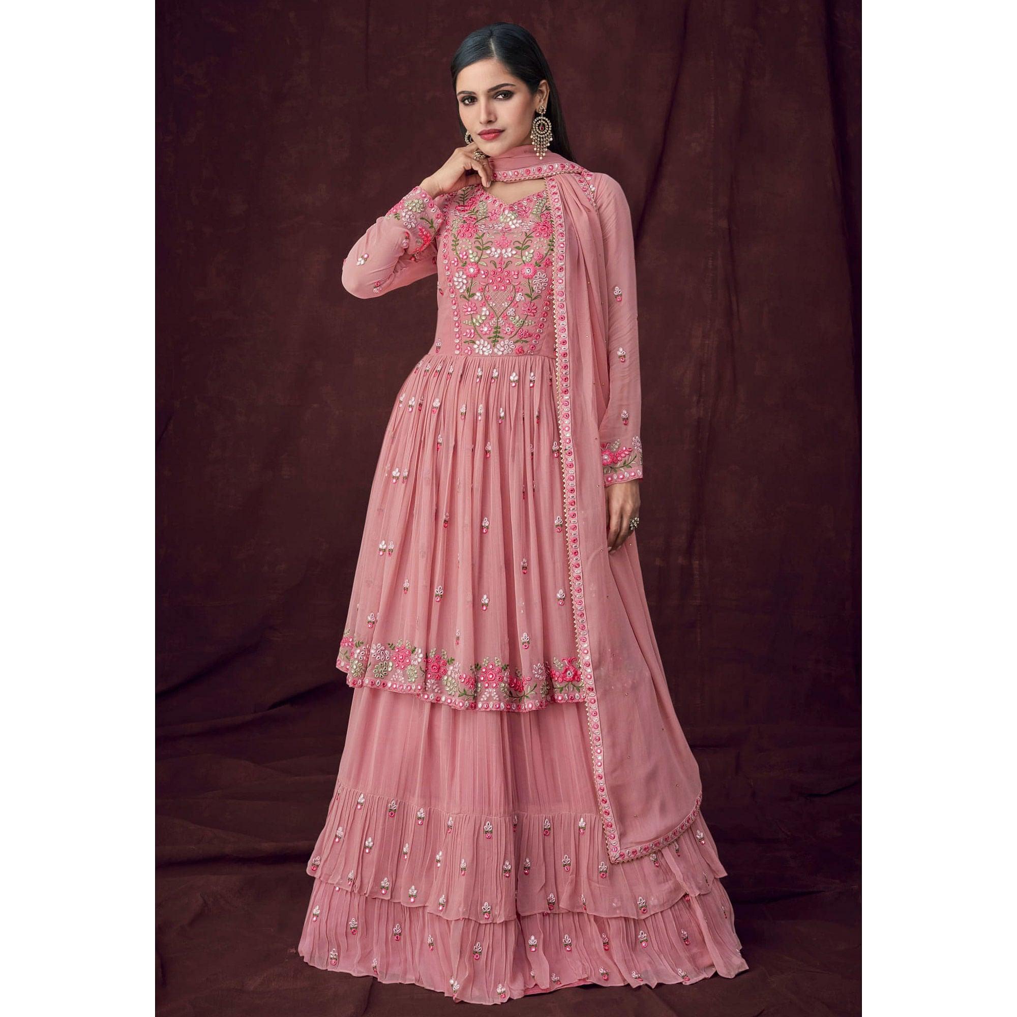 Pink Partywear Embroidered & Embellished Georgette Sharara Suit - Peachmode