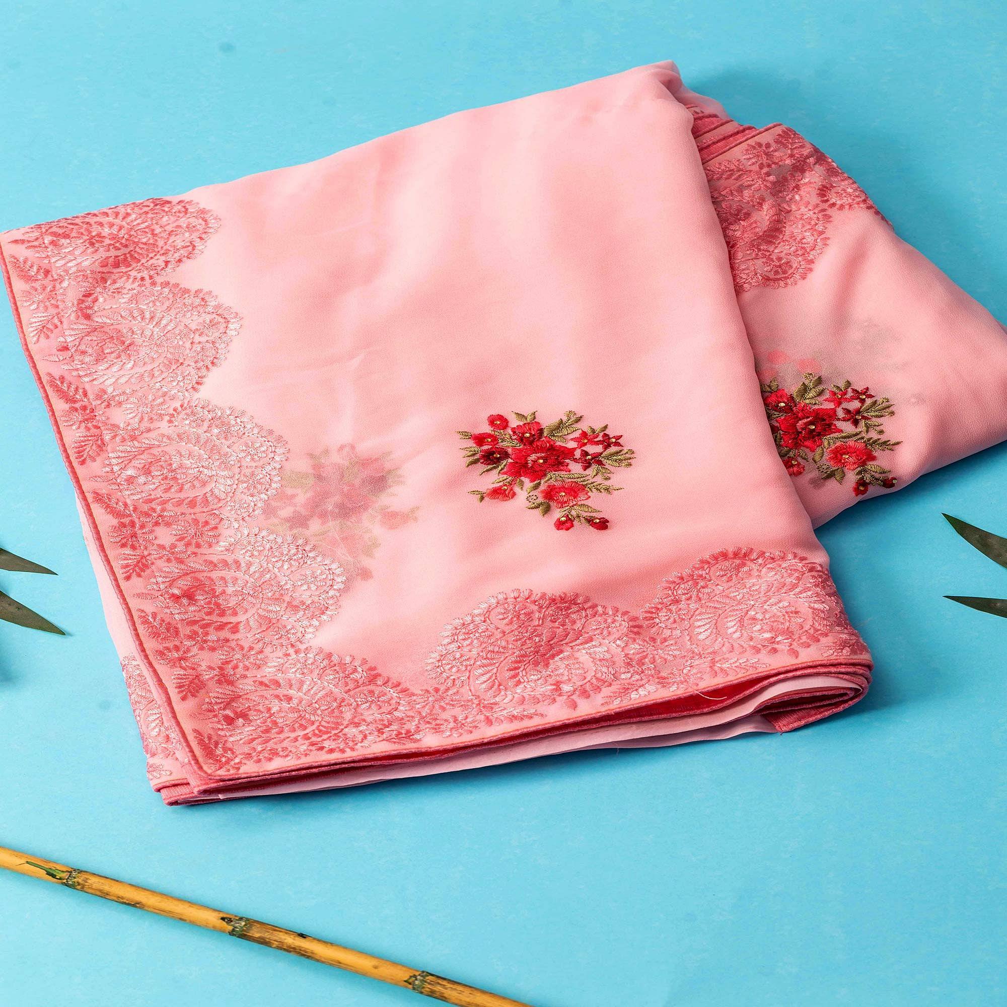 Pink Partywear Embroidered Butta  Georgette Saree - Peachmode