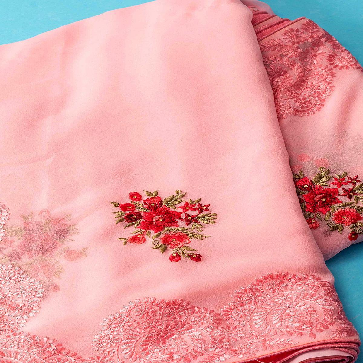 Pink Partywear Embroidered Butta  Georgette Saree - Peachmode