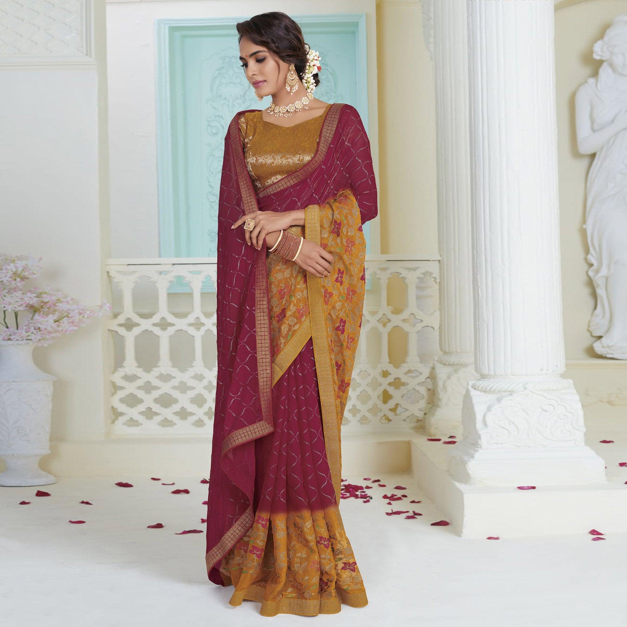 Pink Partywear Embroidered Chiffon Saree - Peachmode