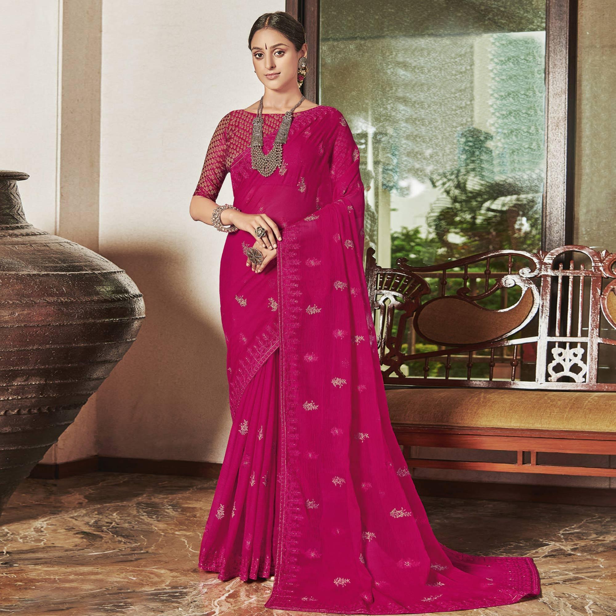 Pink Partywear Embroidered Chiffon Saree - Peachmode