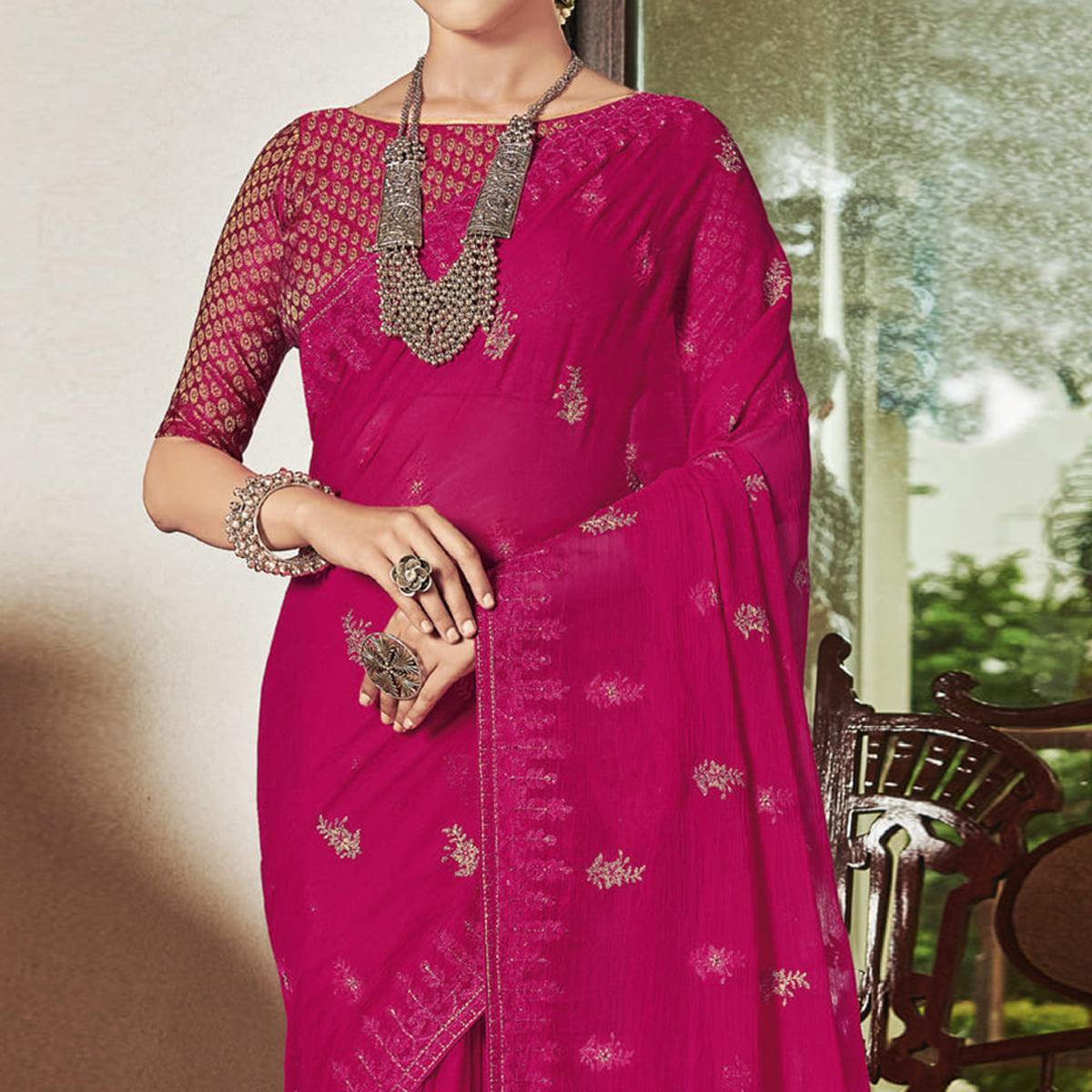Pink Partywear Embroidered Chiffon Saree - Peachmode