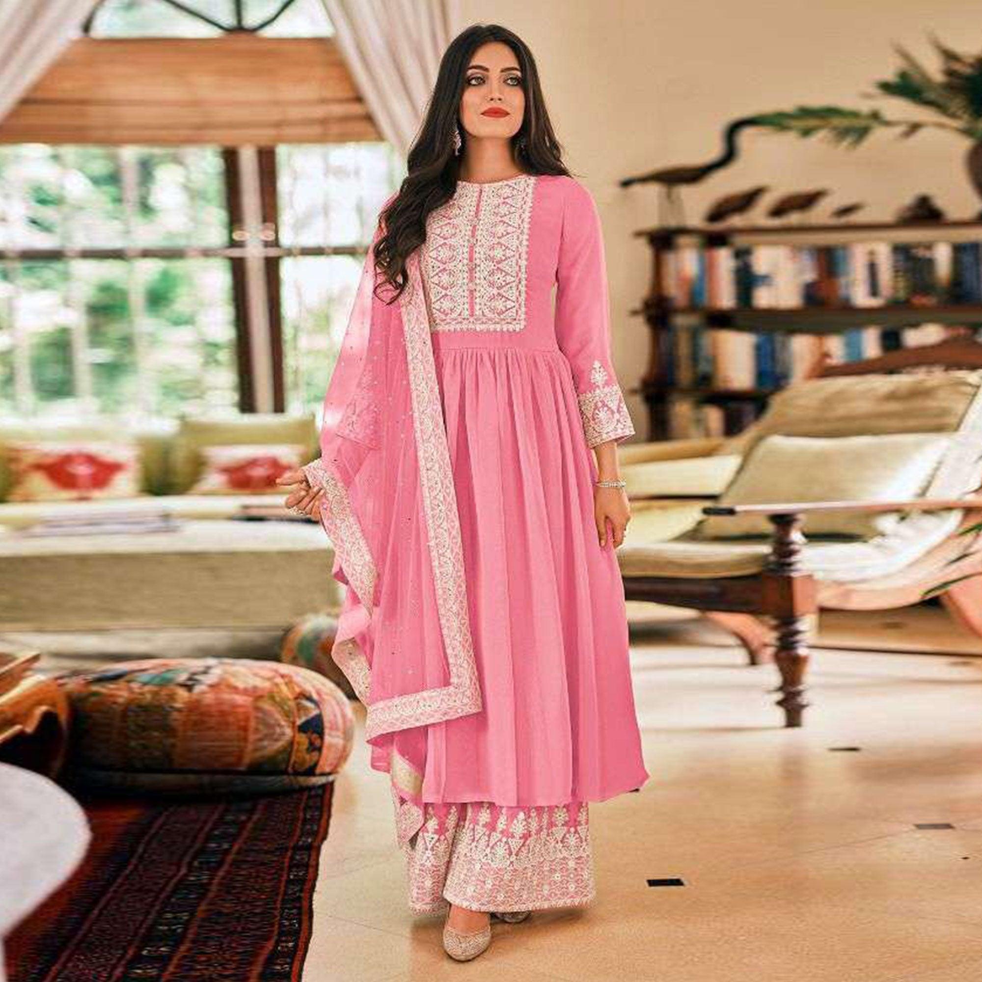 Pink Partywear Embroidered Faux Georgette Palazzo Suit - Peachmode