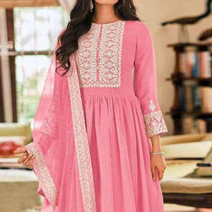 Pink Partywear Embroidered Faux Georgette Palazzo Suit - Peachmode