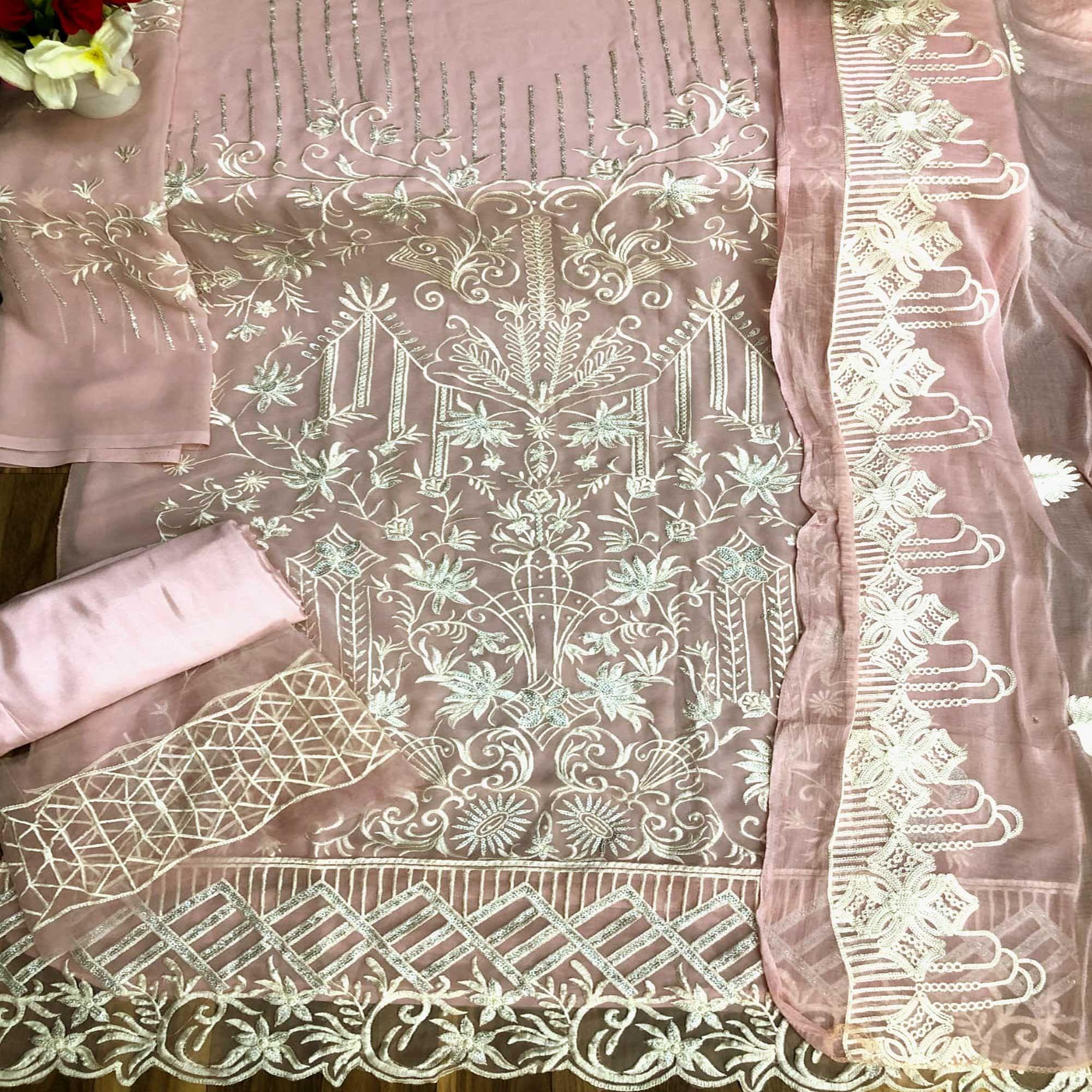Pink Partywear Embroidered Faux Georgette Straight Pakistani Suit - Peachmode