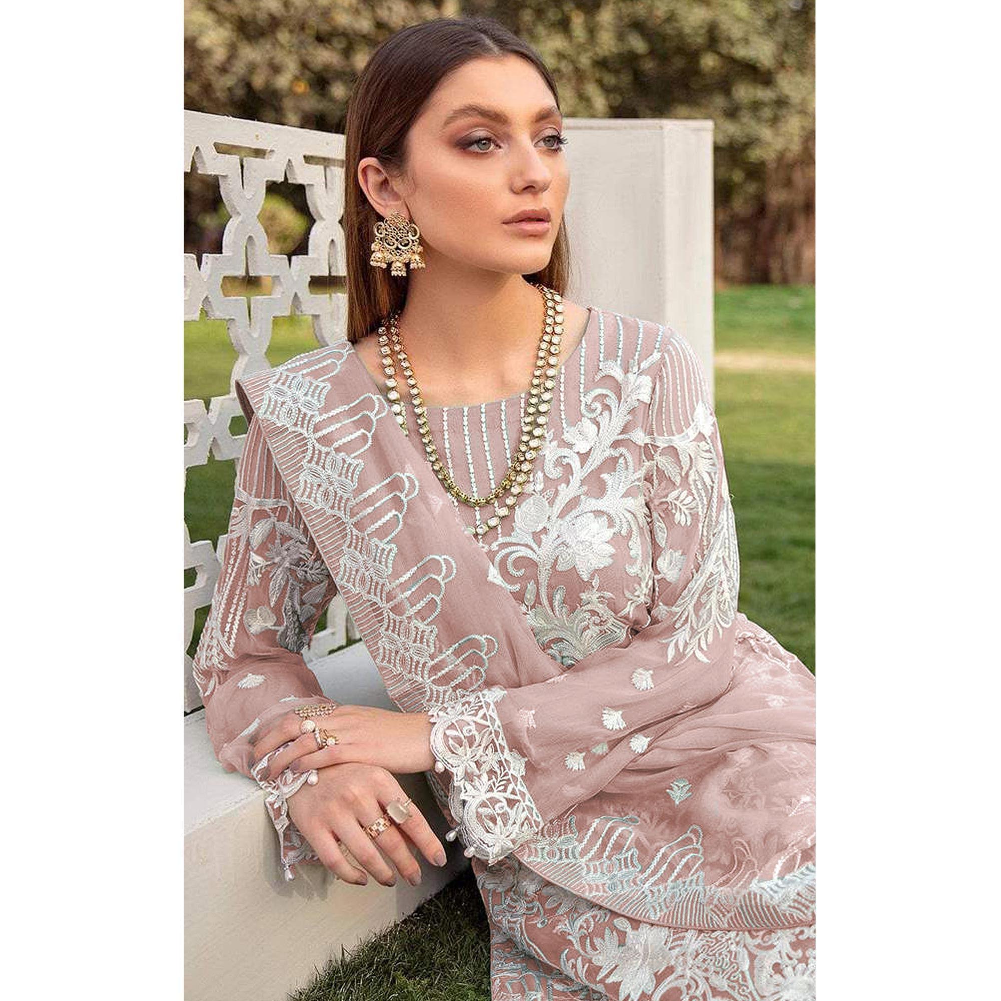 Pink Partywear Embroidered Faux Georgette Straight Pakistani Suit - Peachmode
