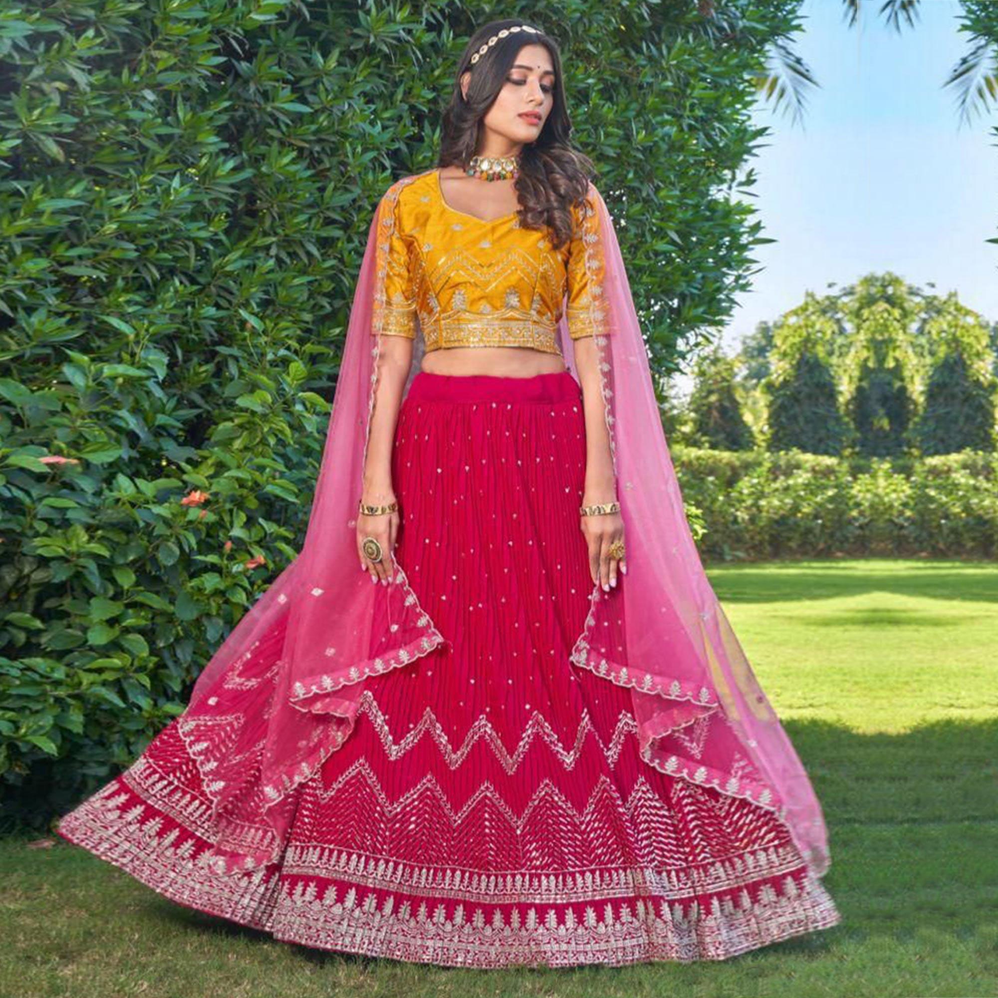 Pink Partywear Embroidered Georgette Lehenga Choli - Peachmode