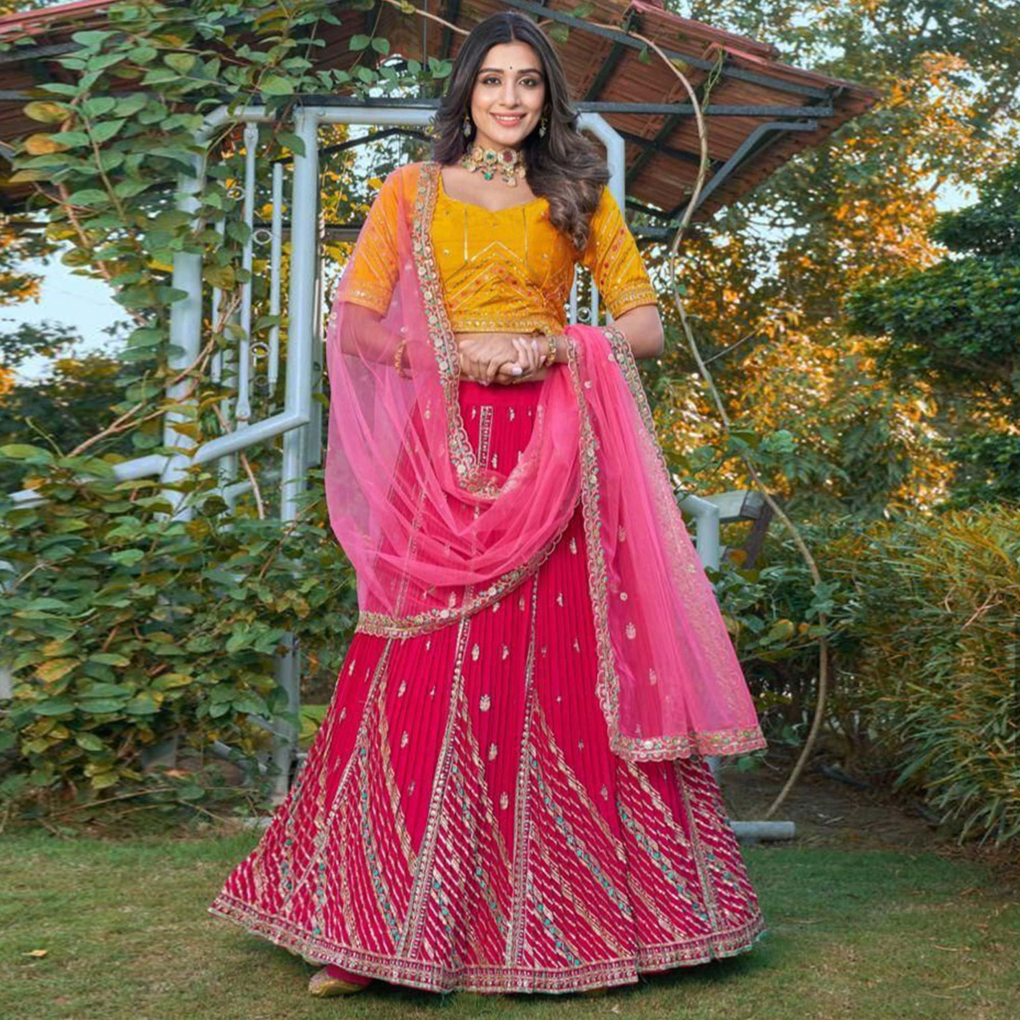 Pink Partywear Embroidered Georgette Lehenga Choli - Peachmode
