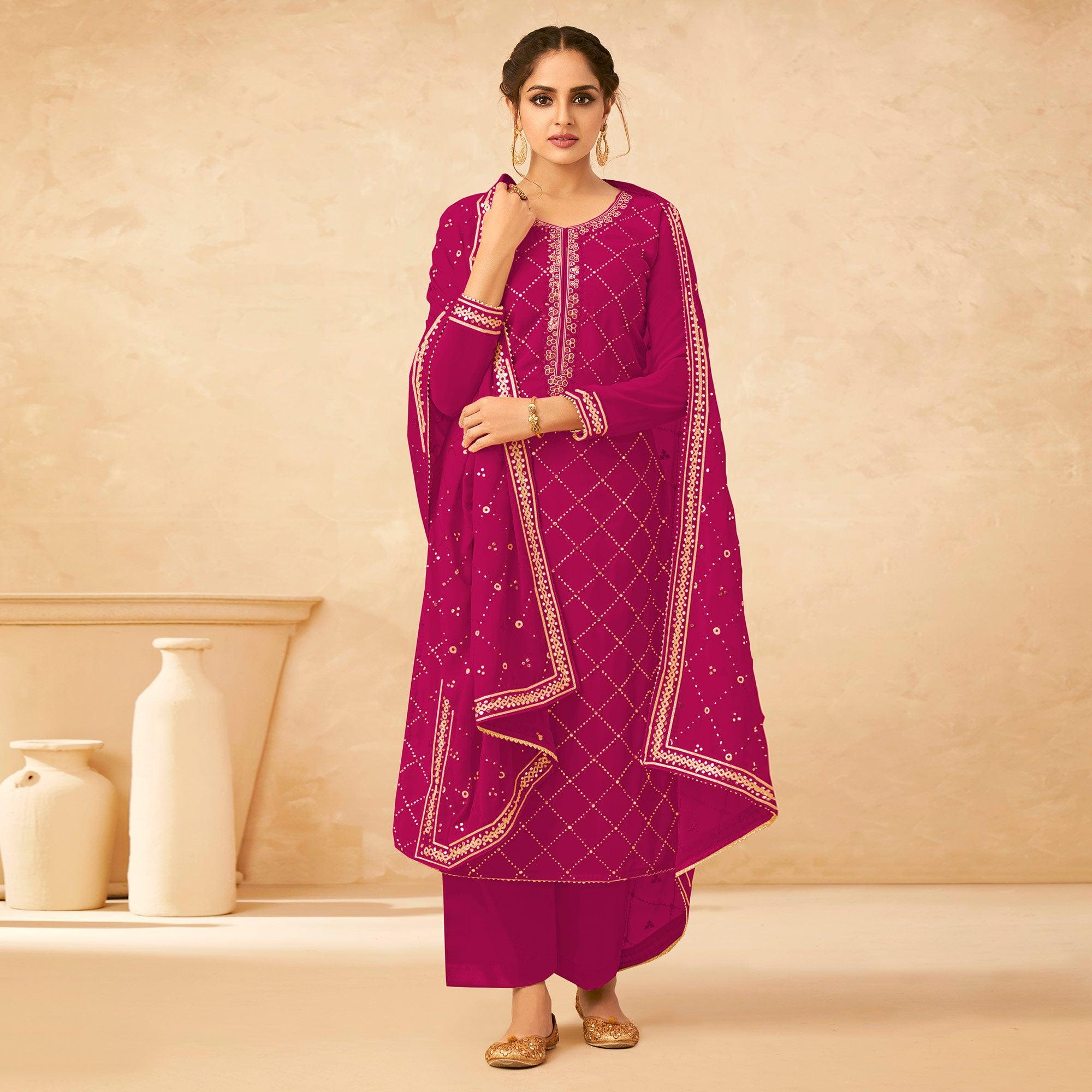 Pink Partywear Embroidered Georgette Palazzo Suit - Peachmode