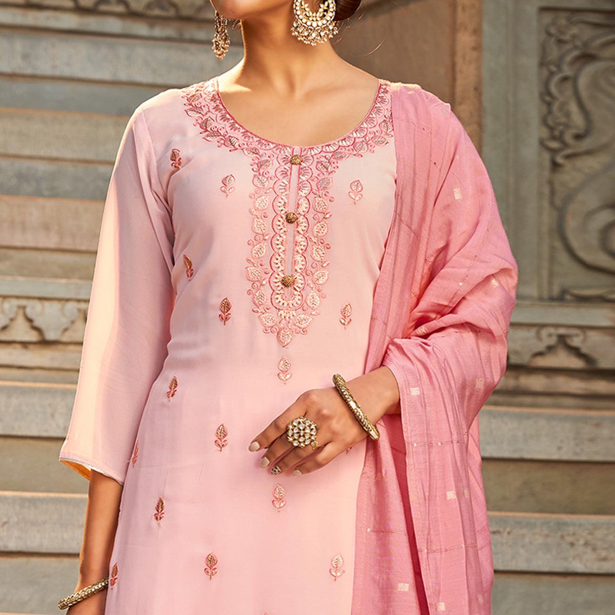 Pink Partywear Embroidered Georgette Palazzo Suit - Peachmode