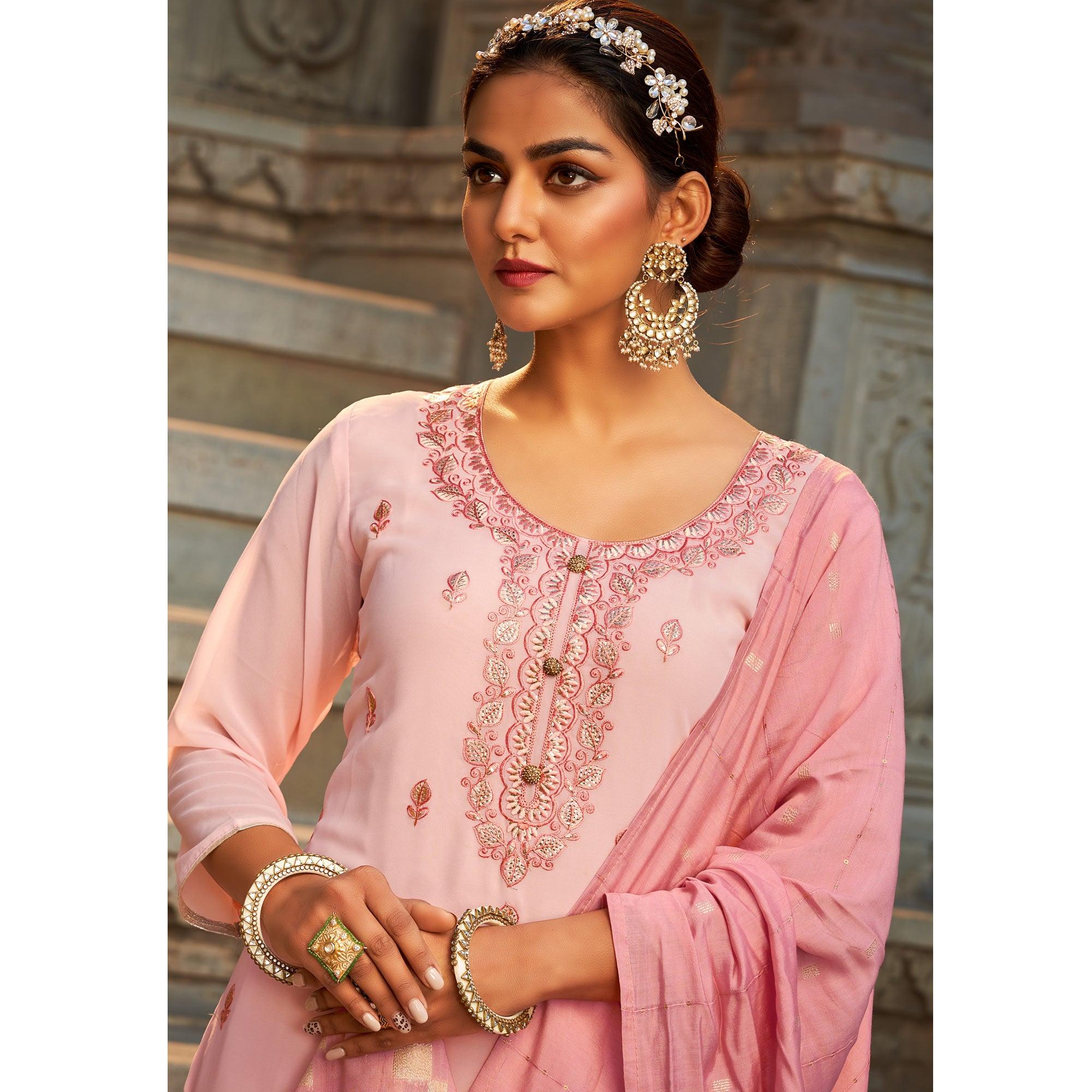 Pink Partywear Embroidered Georgette Palazzo Suit - Peachmode