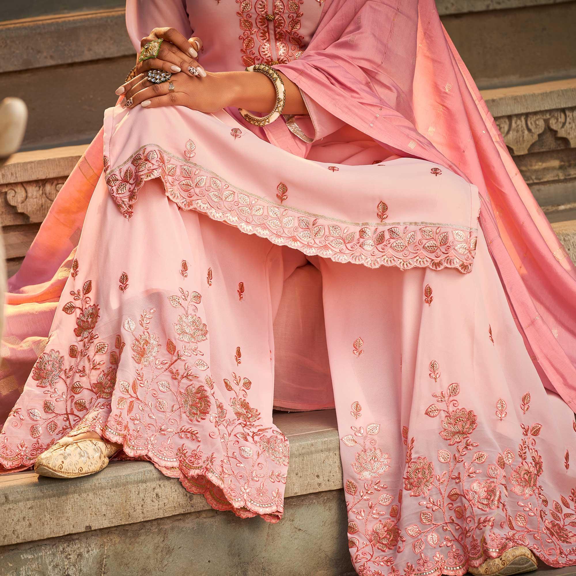 Pink Partywear Embroidered Georgette Palazzo Suit - Peachmode