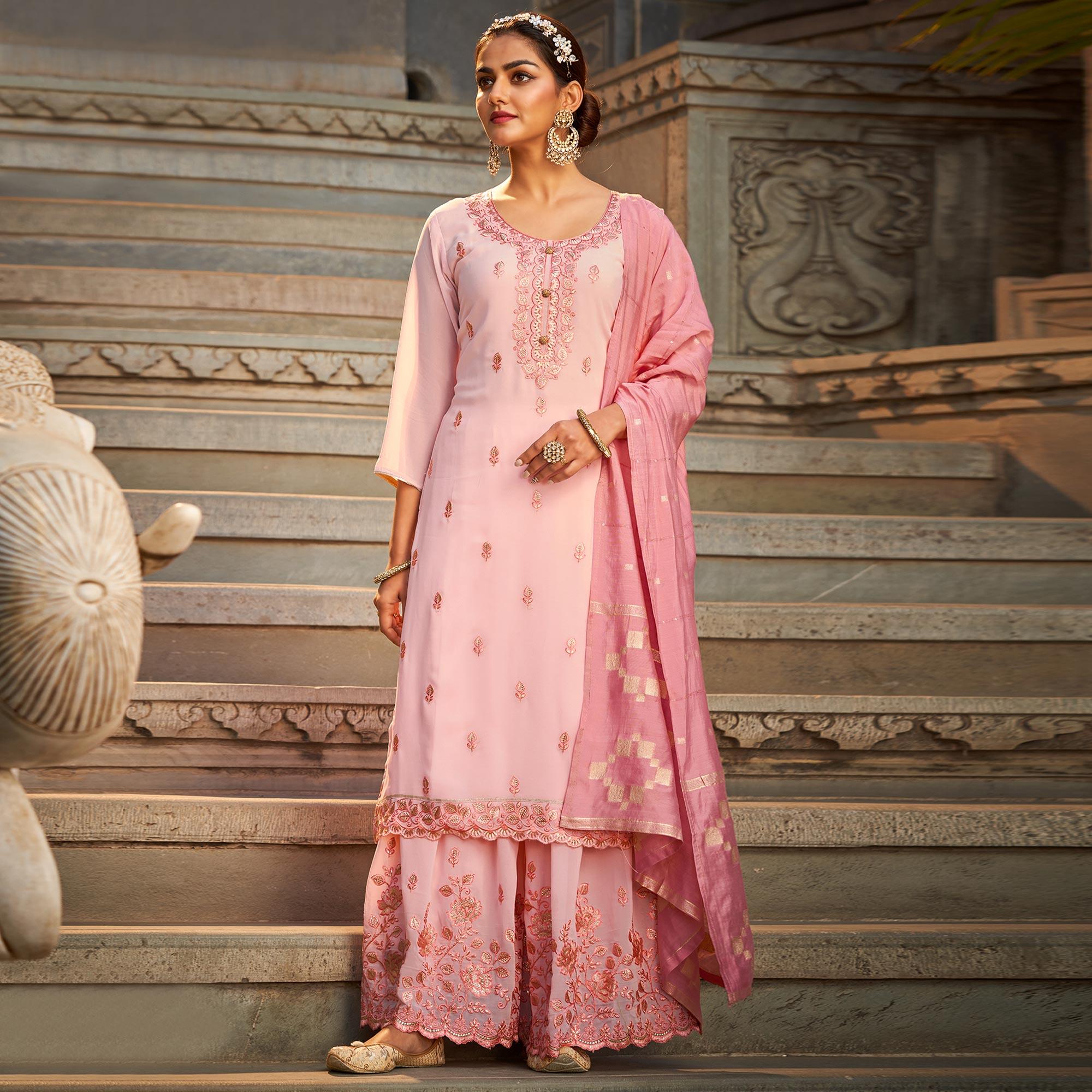 Pink Partywear Embroidered Georgette Palazzo Suit - Peachmode