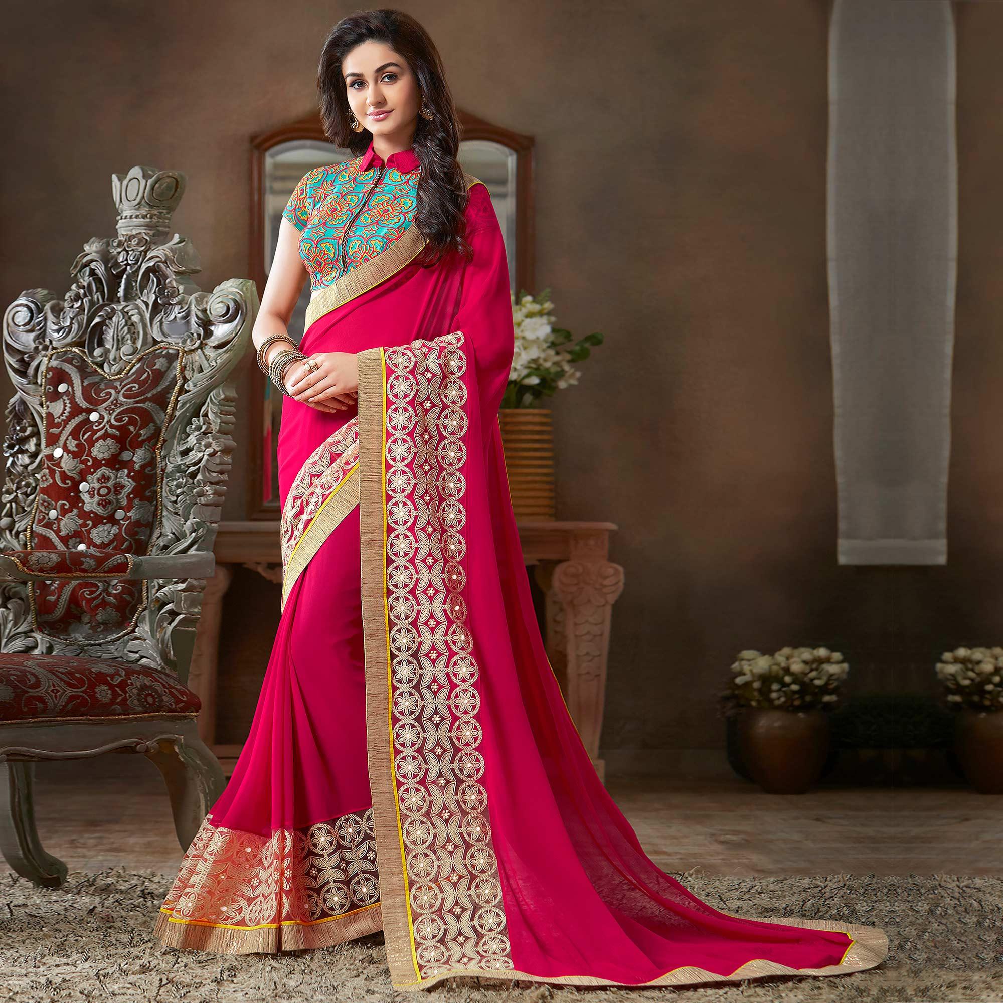 Pink Partywear Embroidered Georgette Saree - Peachmode