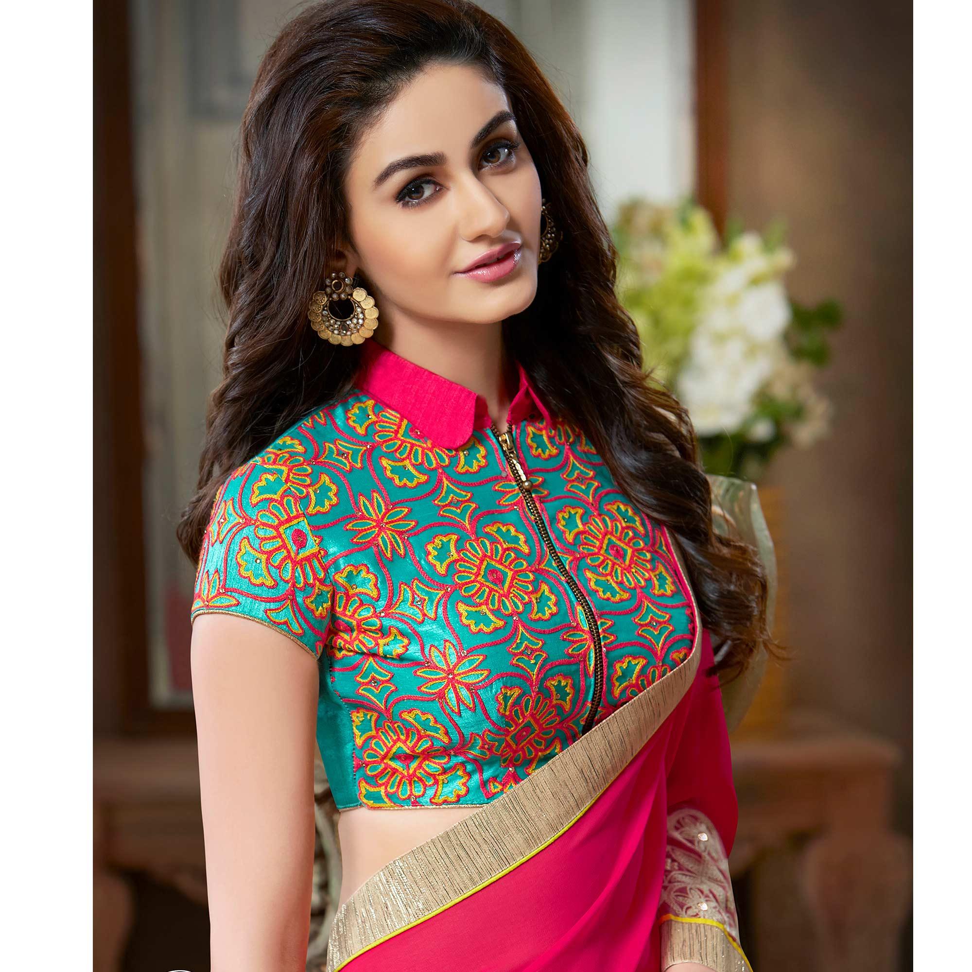 Pink Partywear Embroidered Georgette Saree - Peachmode