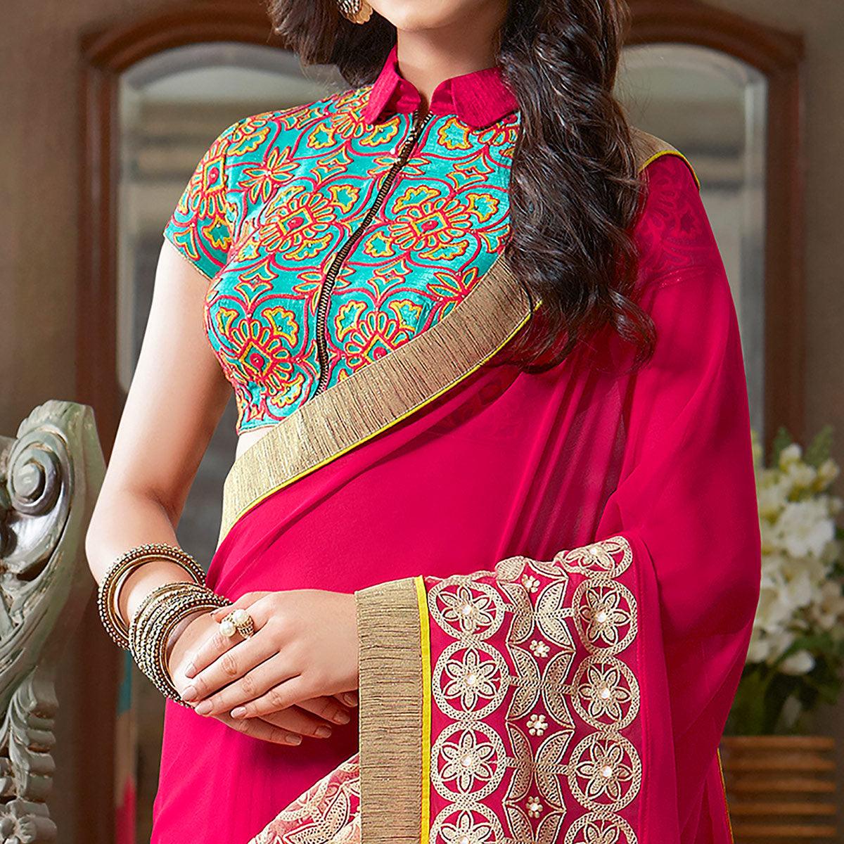 Pink Partywear Embroidered Georgette Saree - Peachmode