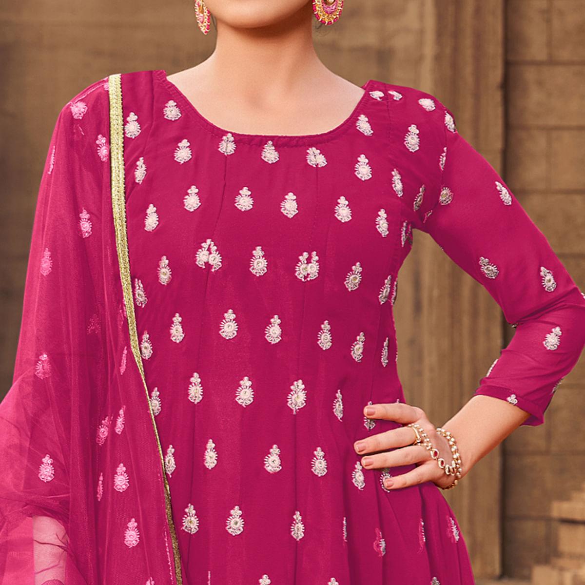 Pink Partywear Embroidered Georgette Sharara Suit - Peachmode