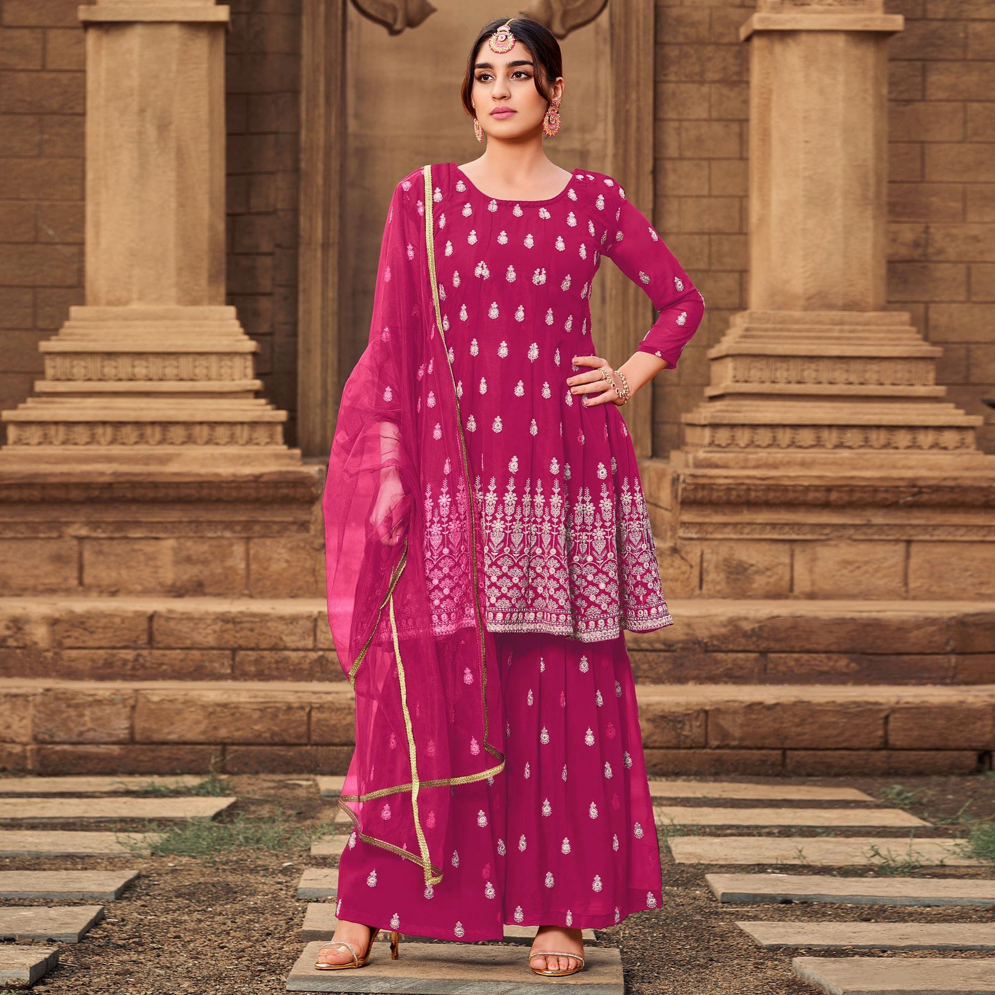 Pink Partywear Embroidered Georgette Sharara Suit - Peachmode