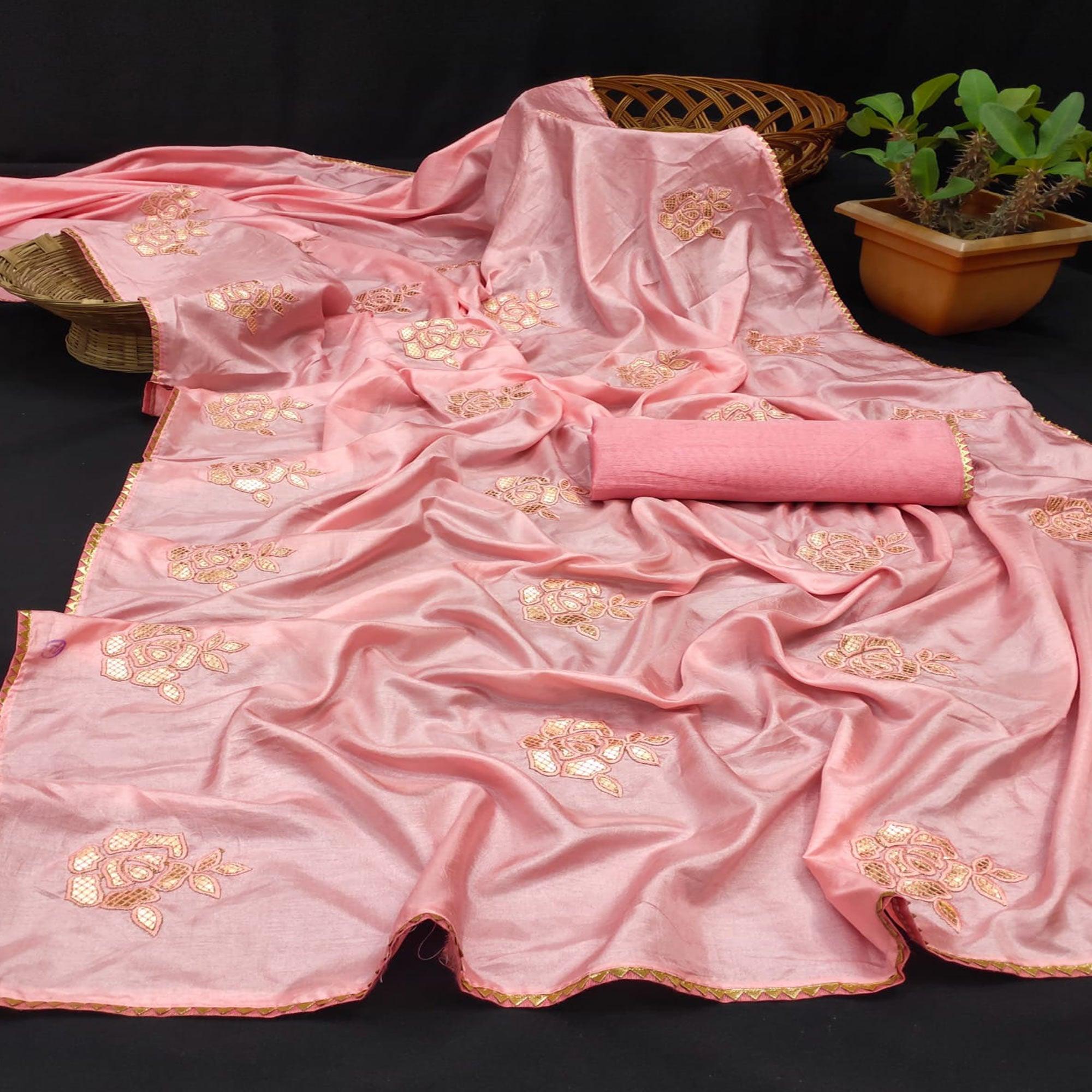 Pink Partywear Embroidered Gotta Work Dola Silk Saree - Peachmode