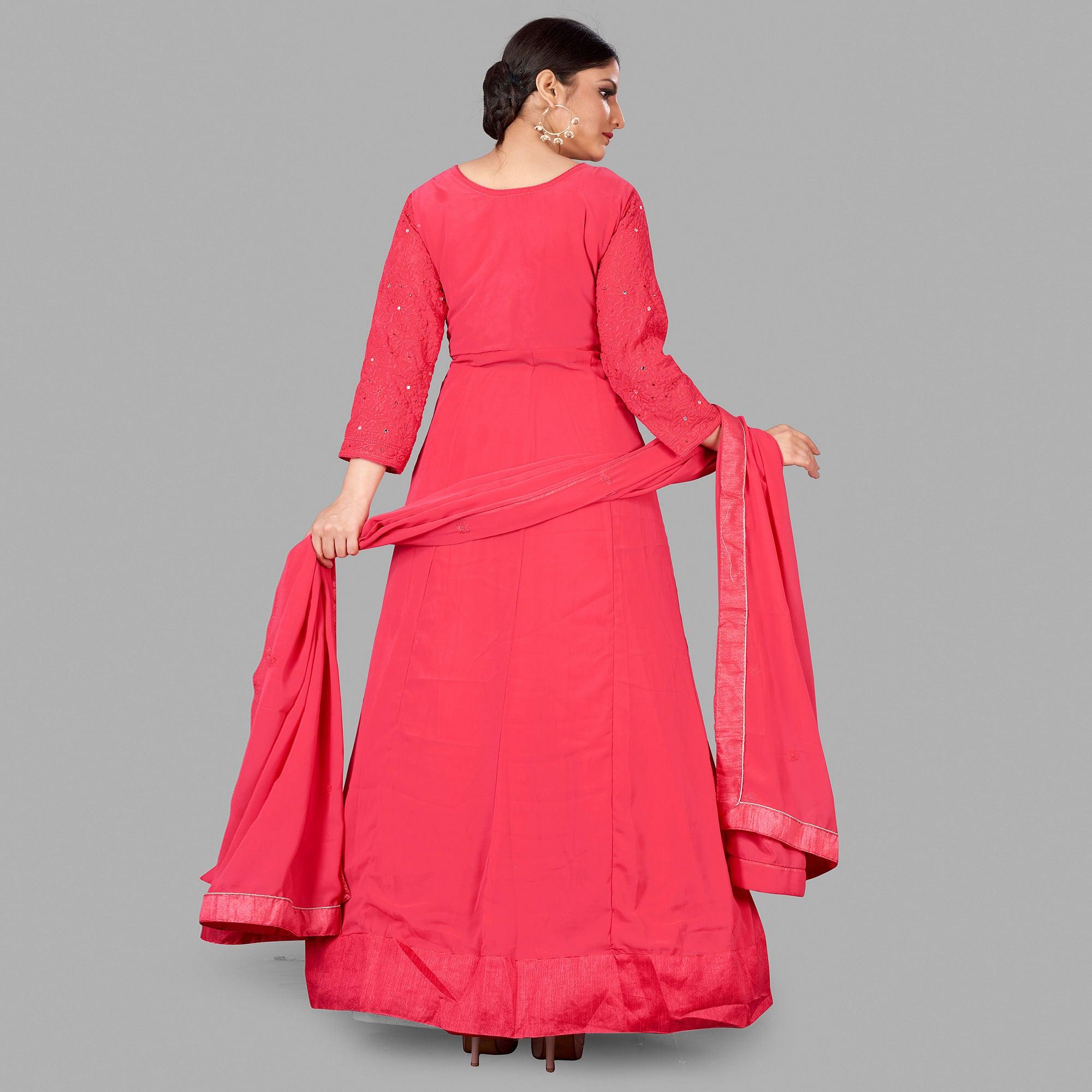 Pink Partywear Embroidered Heavy Faux Georgette A line Anarkali suit - Peachmode