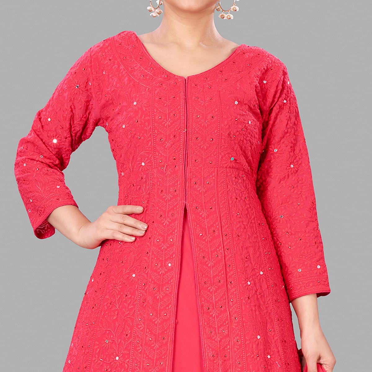 Pink Partywear Embroidered Heavy Faux Georgette A line Anarkali suit - Peachmode