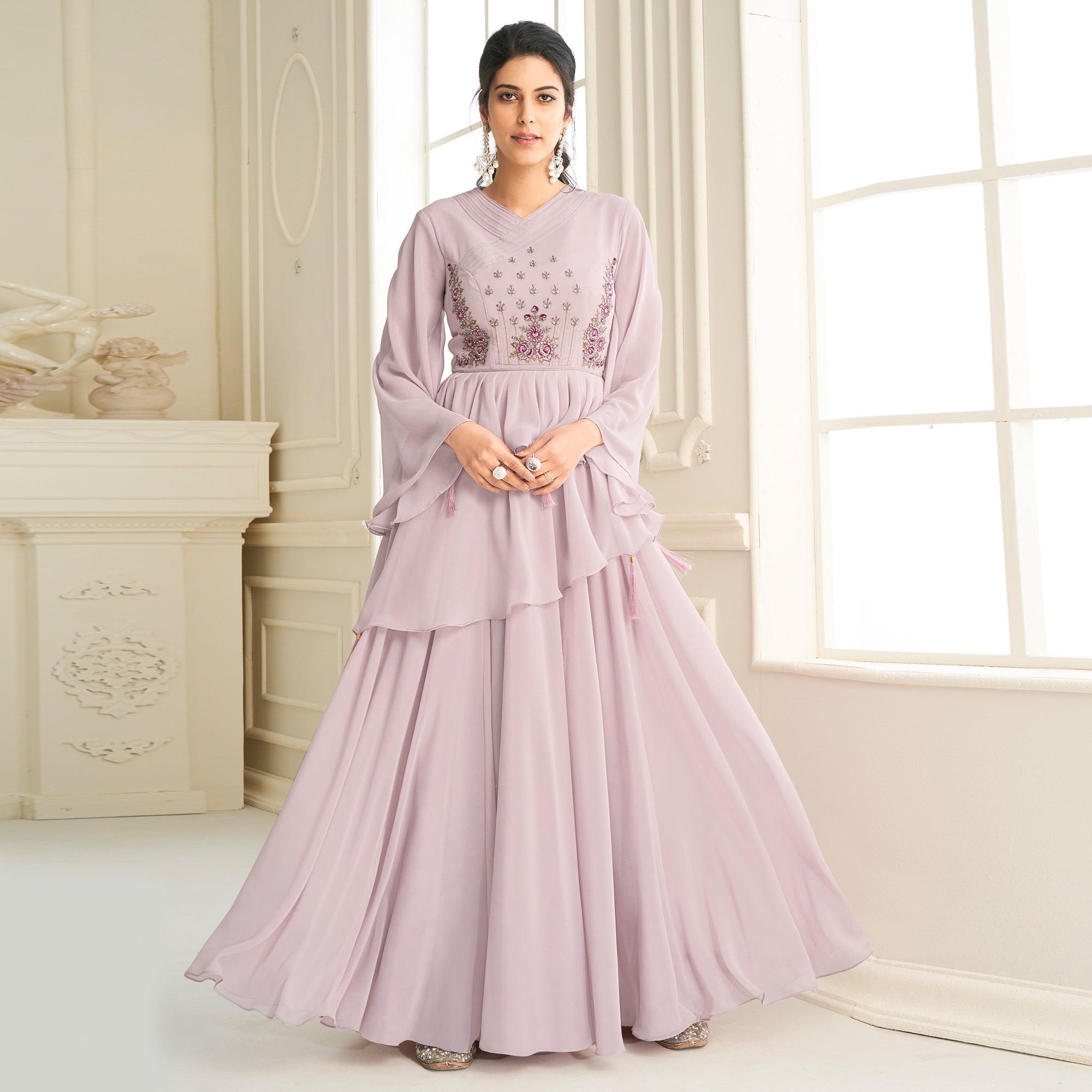 Pink Partywear Embroidered Heavy Georgette Gown - Peachmode