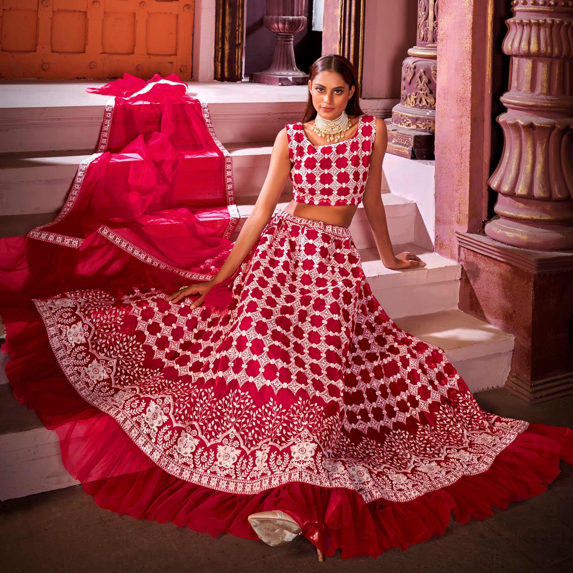 Pink Partywear Embroidered Net Lehenga Choli - Peachmode