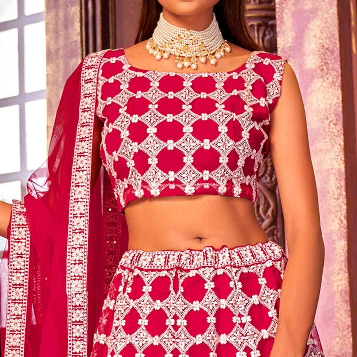 Pink Partywear Embroidered Net Lehenga Choli - Peachmode
