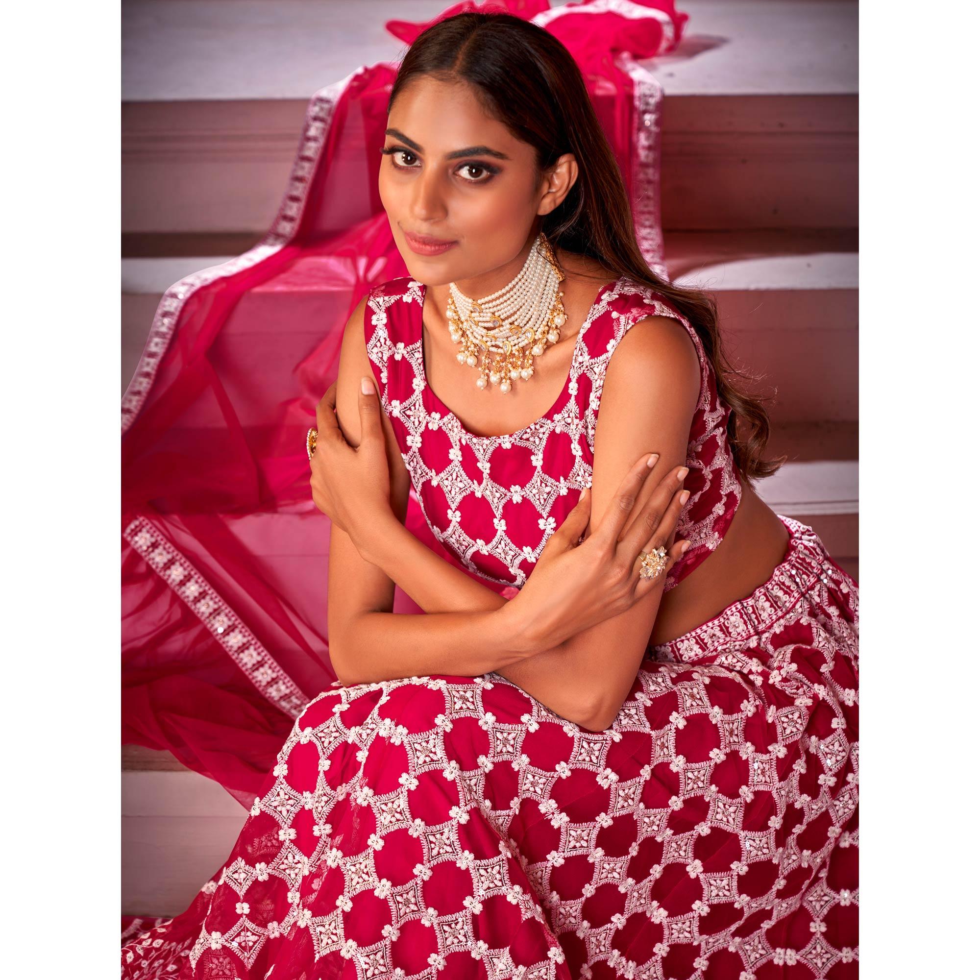 Pink Partywear Embroidered Net Lehenga Choli - Peachmode