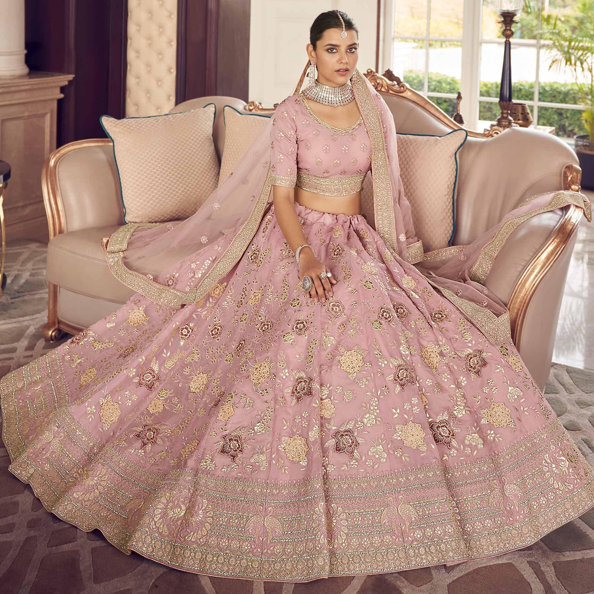 Pink Partywear Embroidered Organza Lehenga Choli - Peachmode