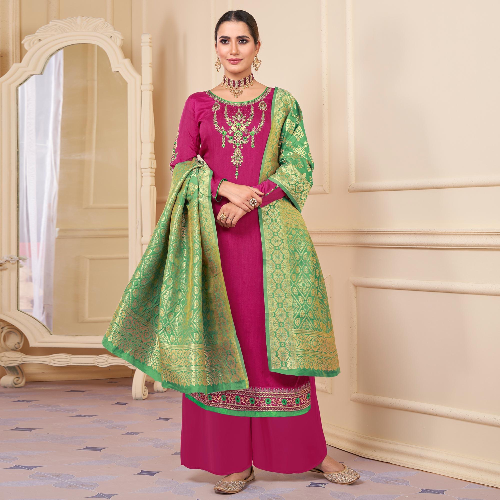 Pink Partywear Embroidered Rayon Palazzo Suit - Peachmode