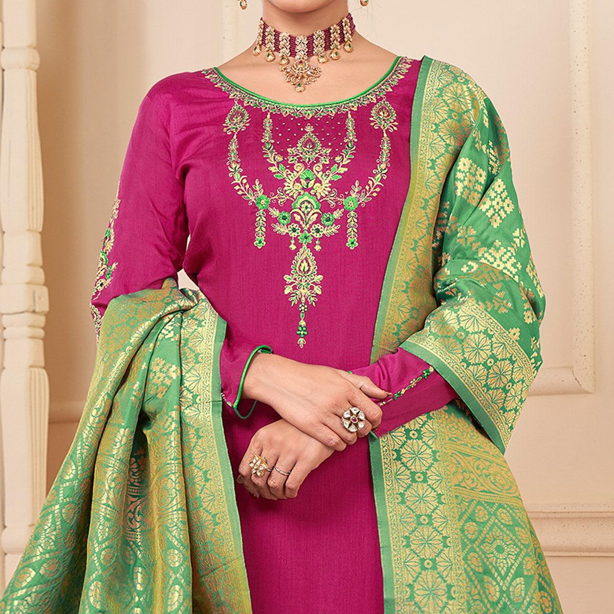 Pink Partywear Embroidered Rayon Palazzo Suit - Peachmode