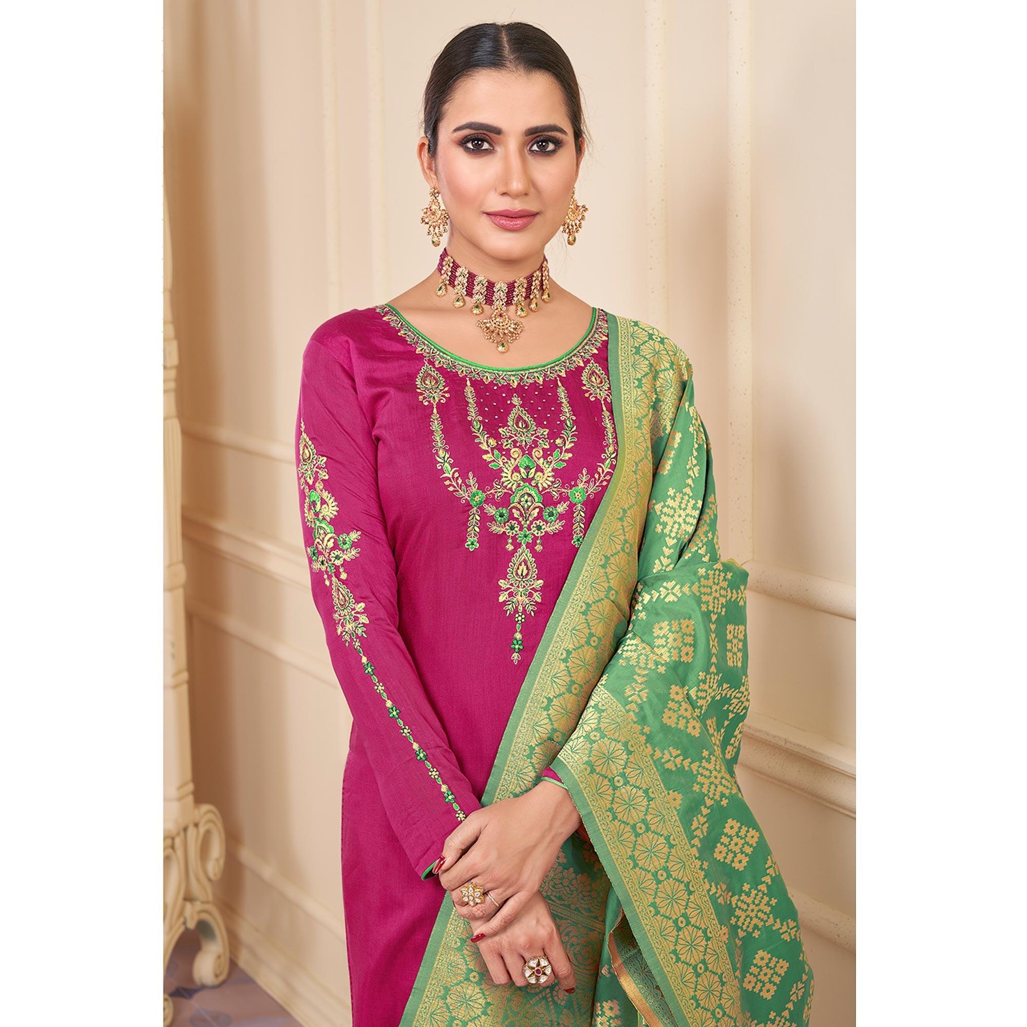 Pink Partywear Embroidered Rayon Palazzo Suit - Peachmode