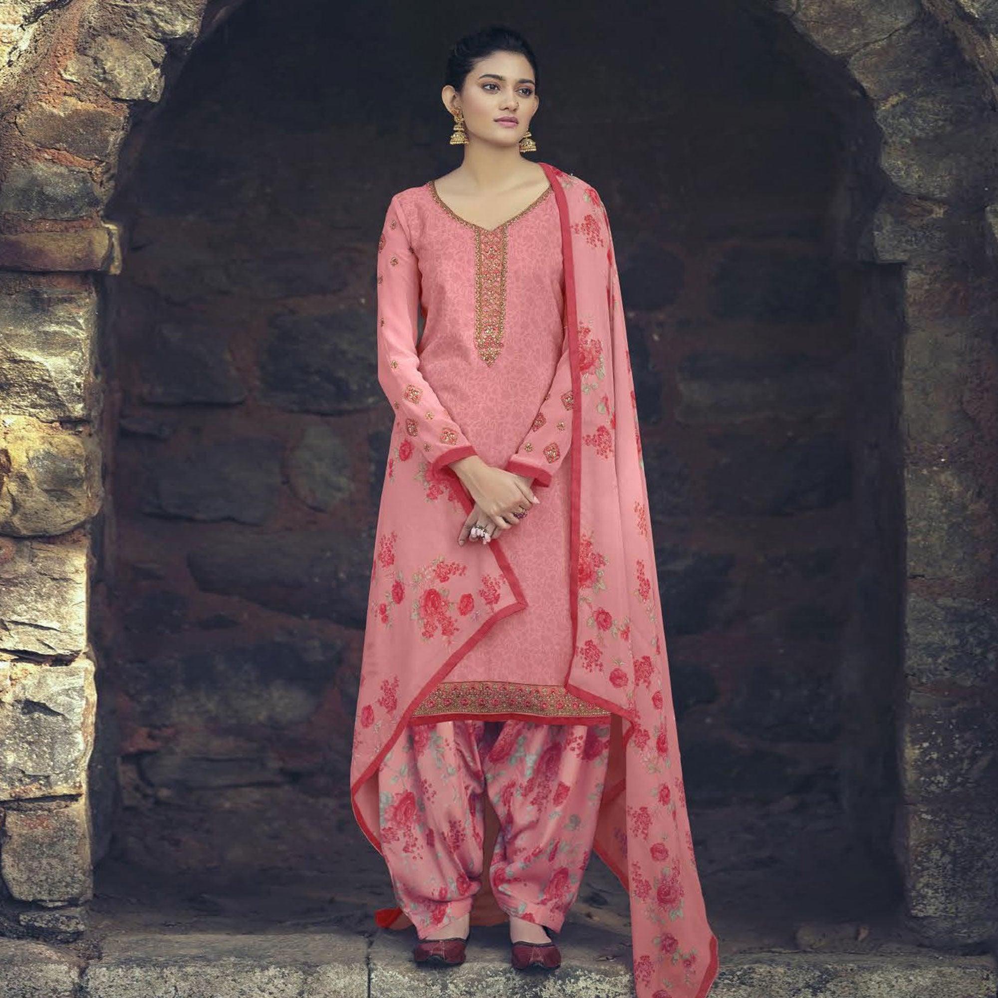 Pink Partywear Embroidered Royal French Crepe Patiala Suit - Peachmode