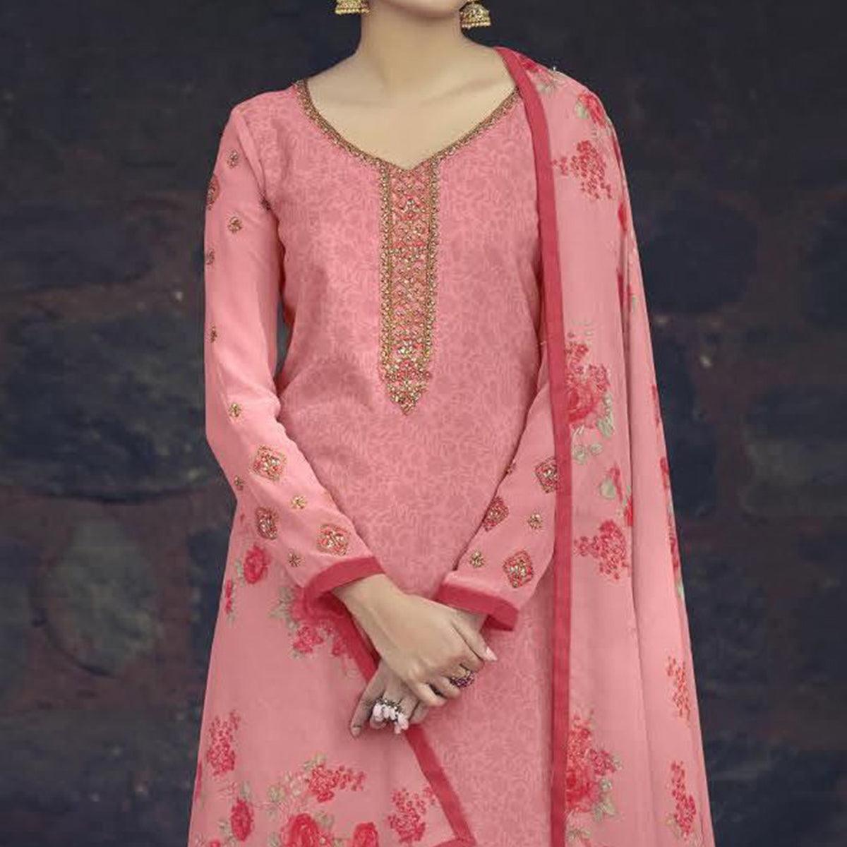 Pink Partywear Embroidered Royal French Crepe Patiala Suit - Peachmode