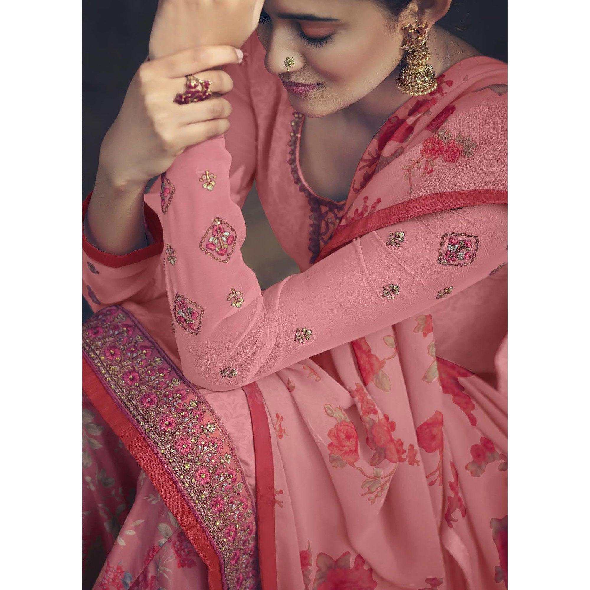 Pink Partywear Embroidered Royal French Crepe Patiala Suit - Peachmode