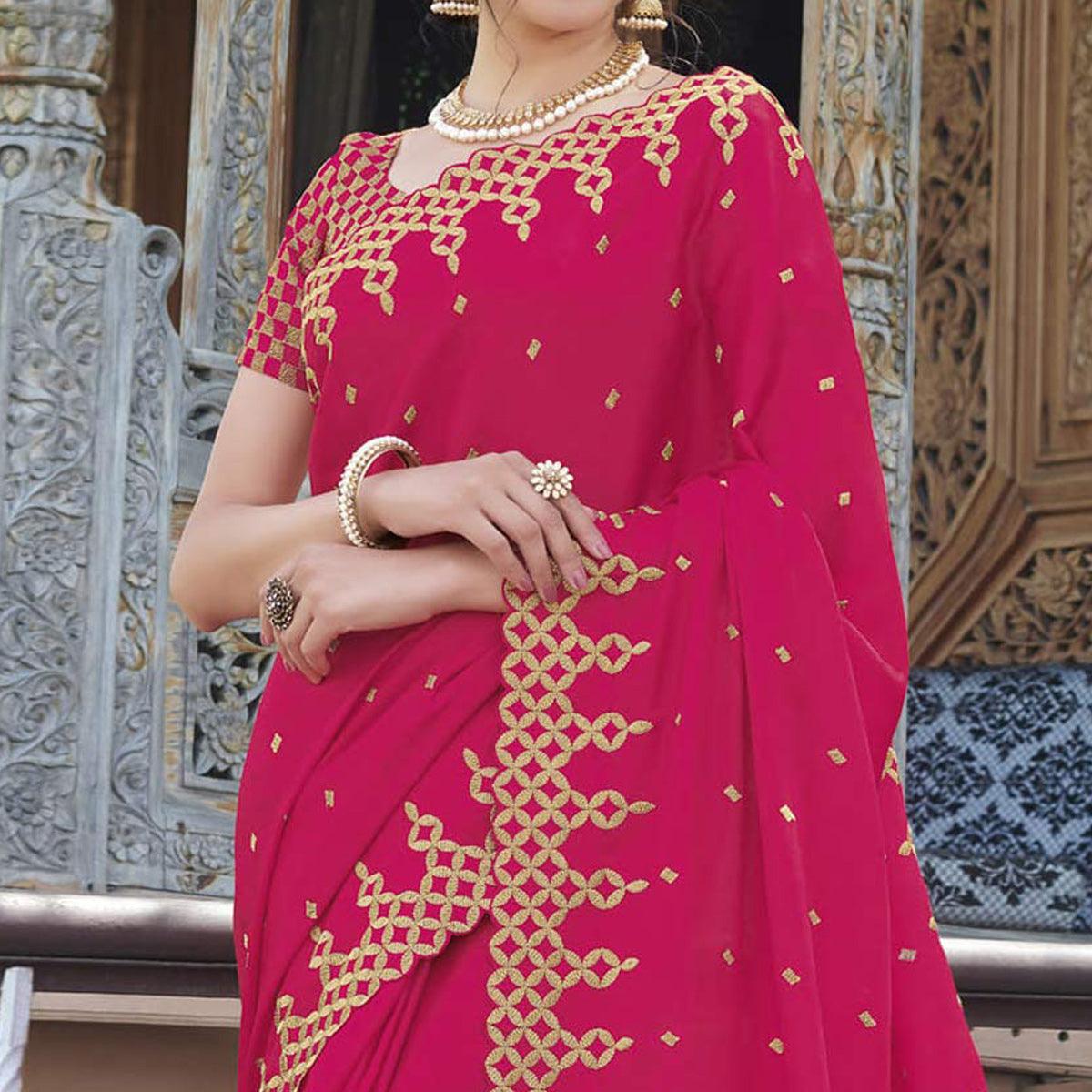 Pink Partywear Embroidered Silk Saree - Peachmode