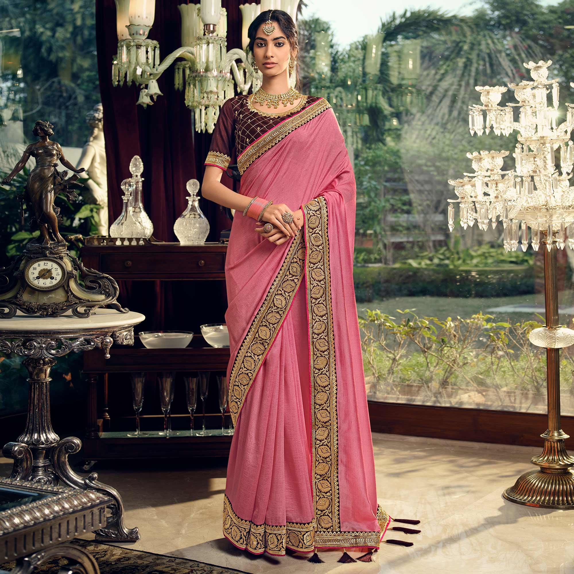 Pink Partywear Embroidered Silk Saree - Peachmode