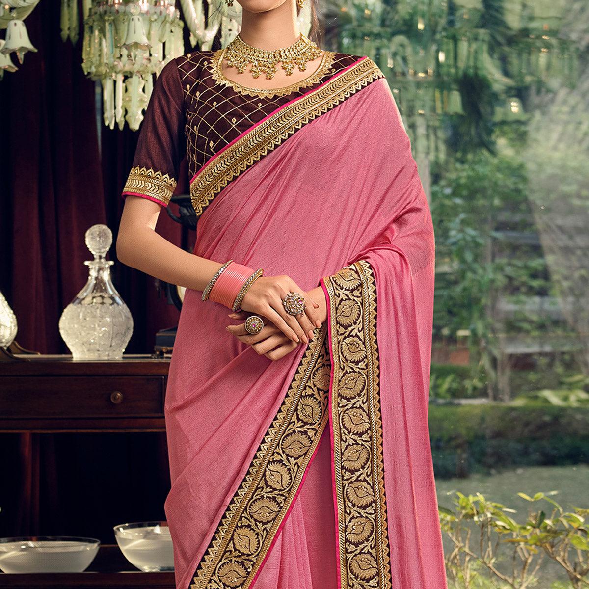 Pink Partywear Embroidered Silk Saree - Peachmode