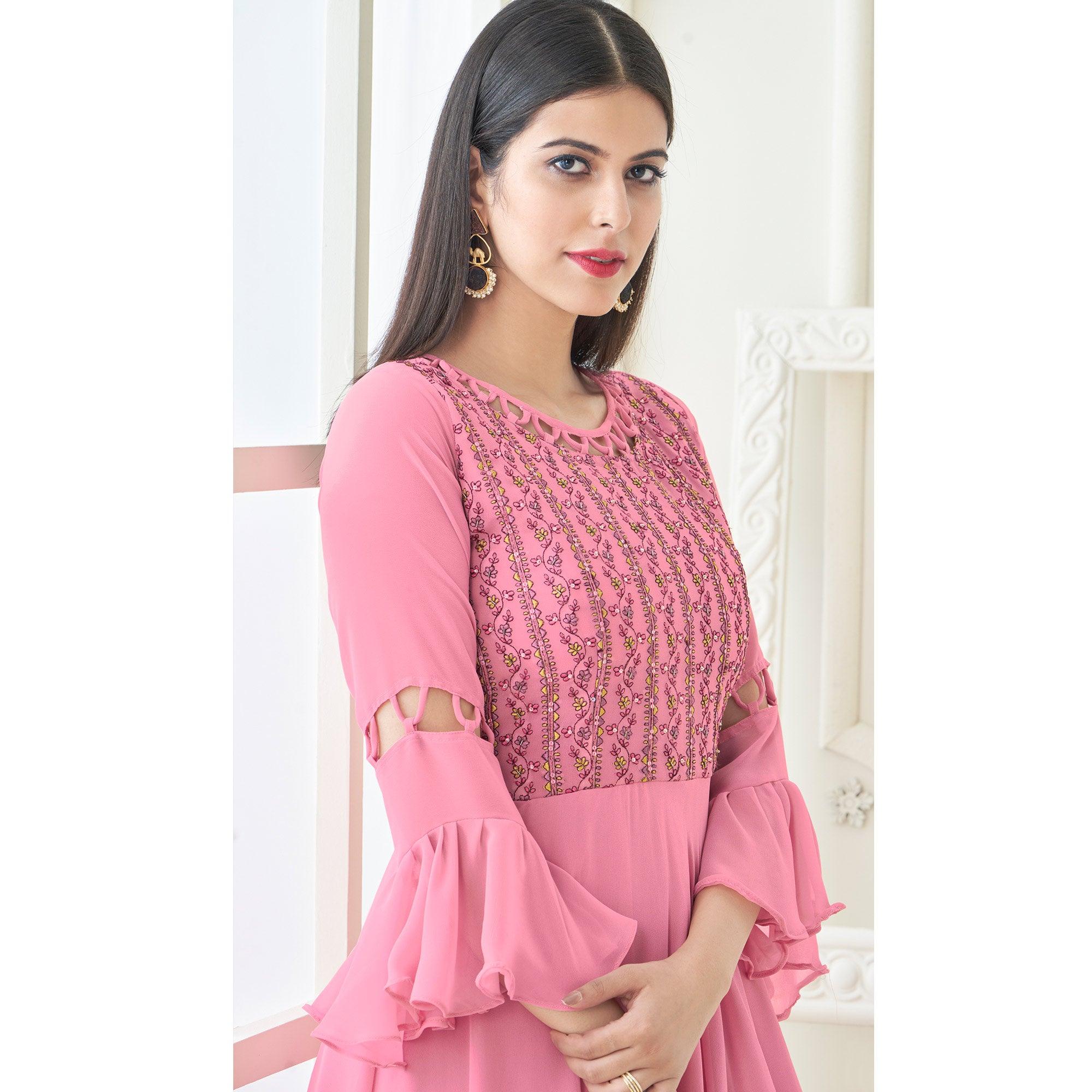 Pink Partywear Embroidered with Handwork Heavy Georgette Gown - Peachmode