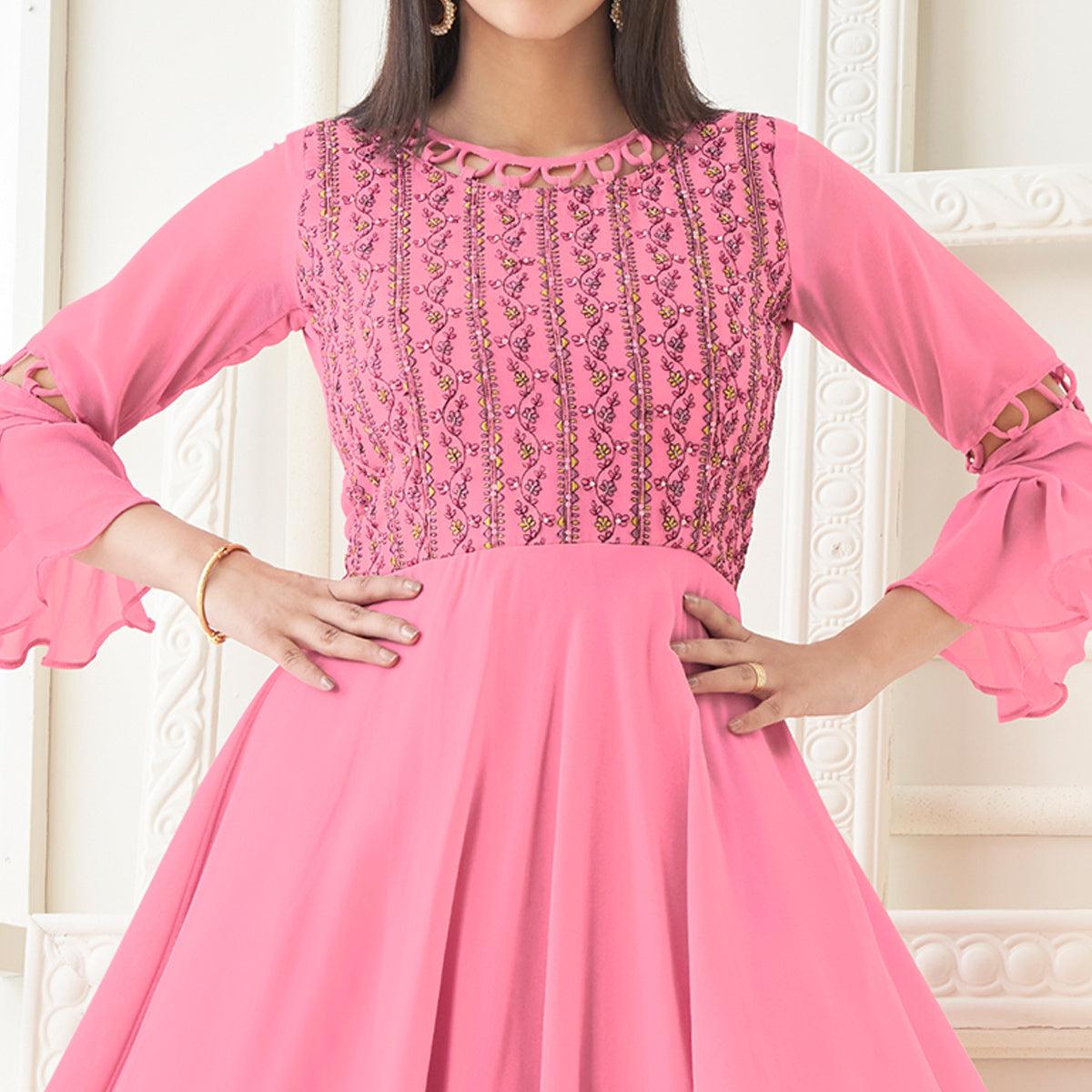 Pink Partywear Embroidered with Handwork Heavy Georgette Gown - Peachmode