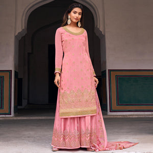 Pink Partywear Embroidered With Stone Work Dola Jacquard Palazzo Suit - Peachmode