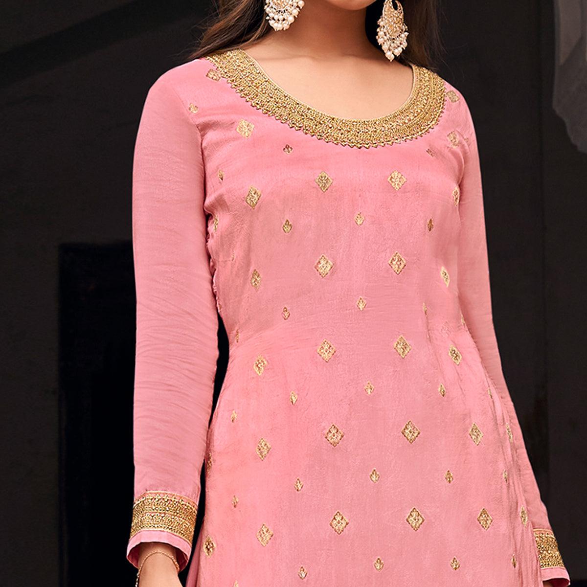 Pink Partywear Embroidered With Stone Work Dola Jacquard Palazzo Suit - Peachmode