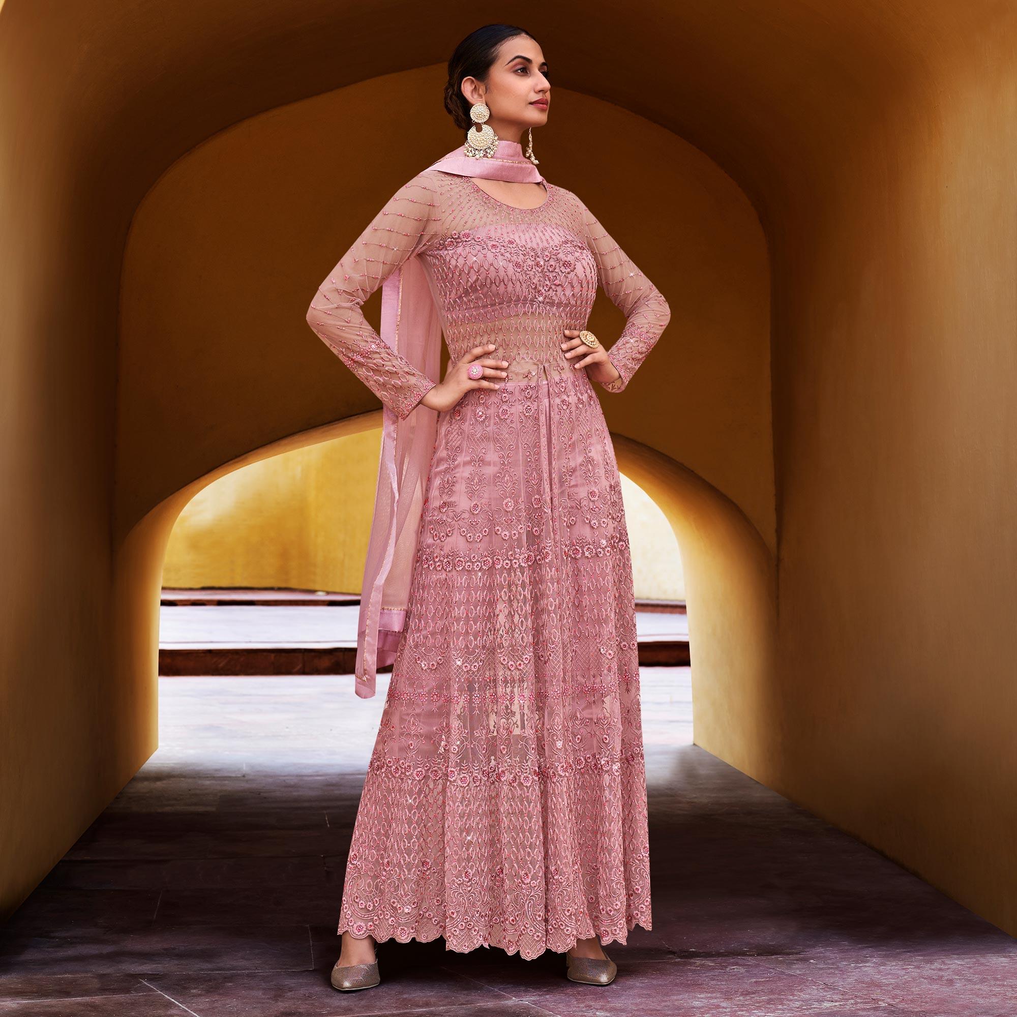 Pink Partywear Embroidered with Swarovski Soft Net Suit - Peachmode