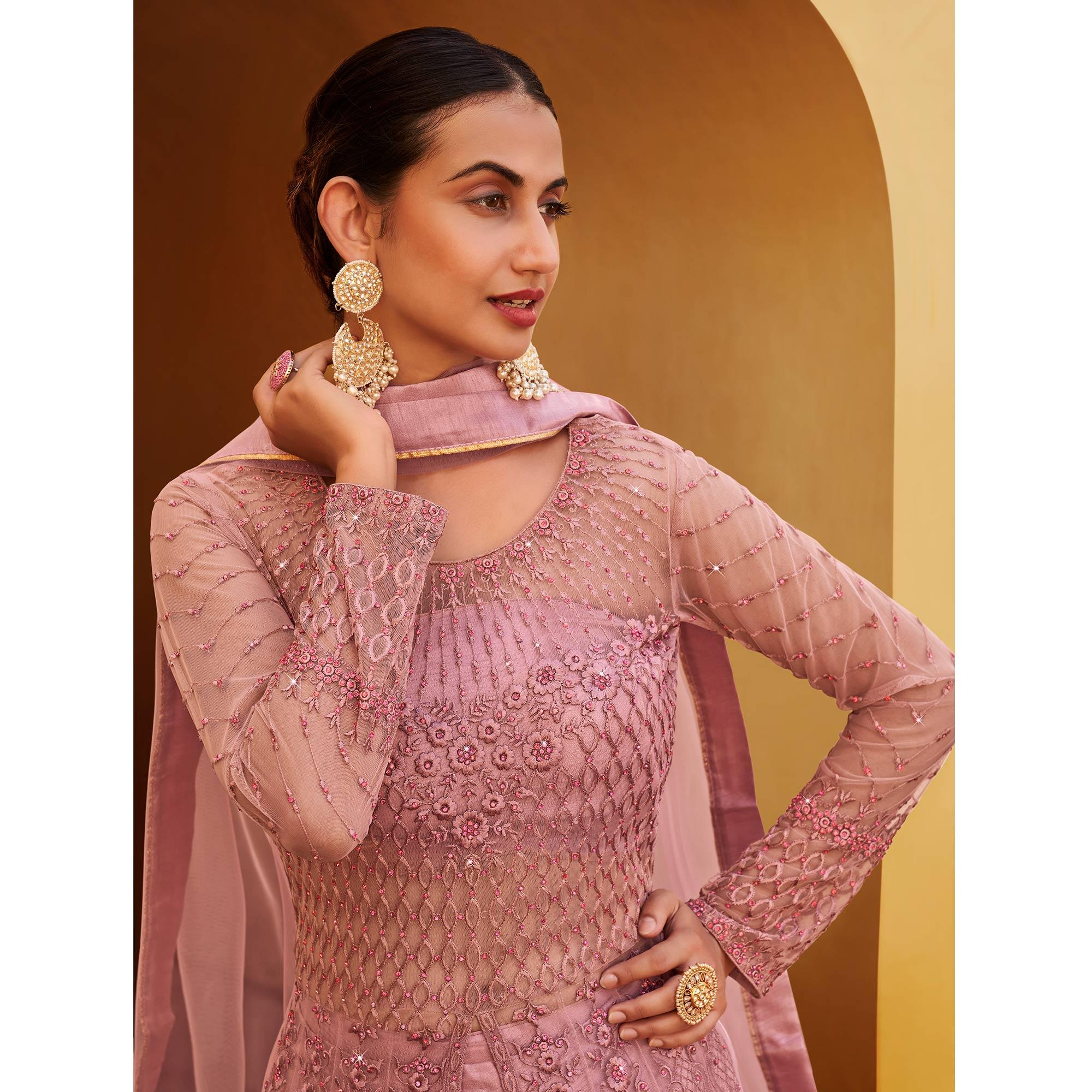 Pink Partywear Embroidered with Swarovski Soft Net Suit - Peachmode