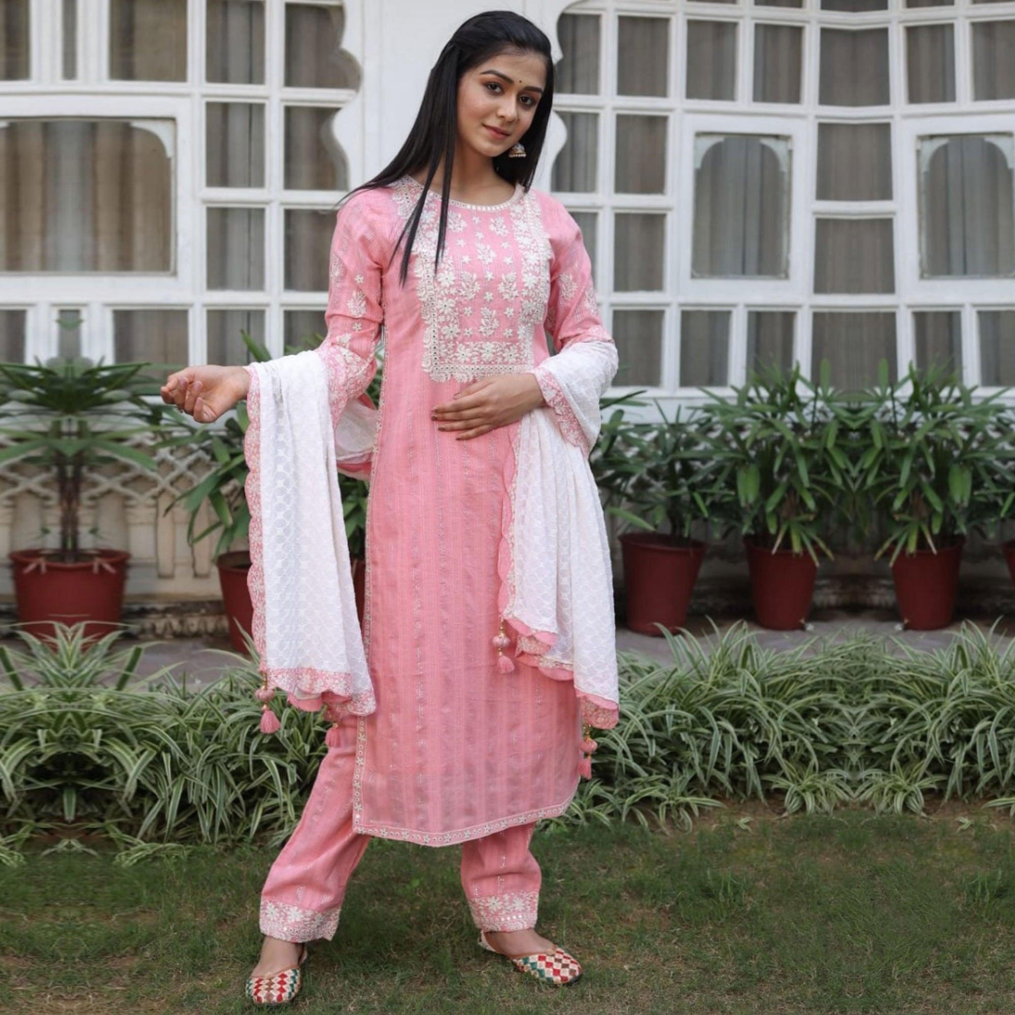 Pink Partywear Embroidery With Embellished Cotton Kurti Pant Set With Dupatta - Peachmode